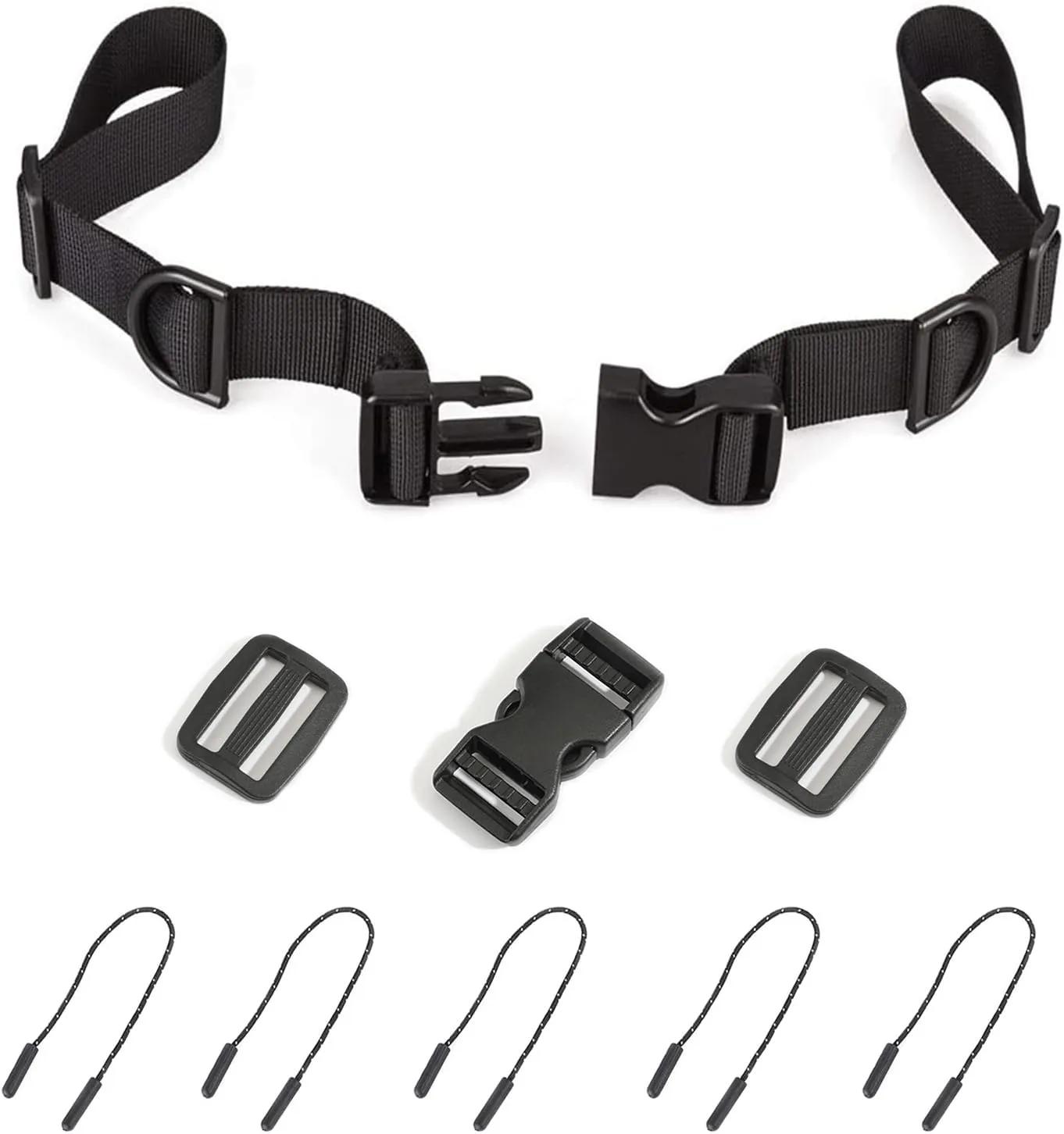 1 Pack Backpack Chest Straps,with 1 Quick Release Buckle,2 Slide Clips 5 Zipper pulls-Black US224