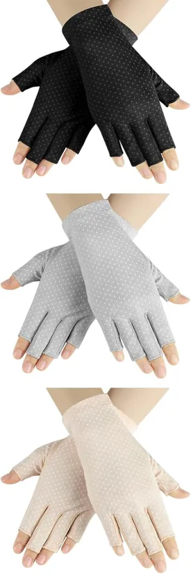 3 Pairs Sun UV Protection Gloves Non Slip Cotton Fingerless Driving Cycling Biking Nail Manicure Gloves for Women