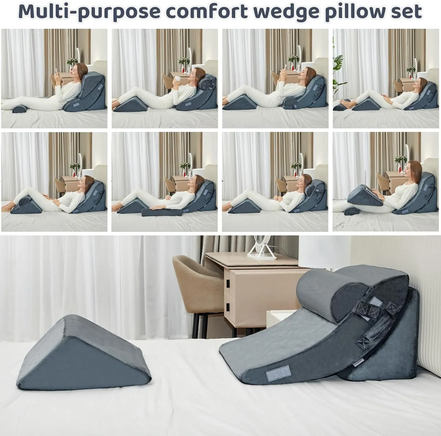 4pcs Bed Wedge Pillow Post Surgery,Wedge Pillow for Sleep apnea for Relief of Body Back and Leg Pain,Acid Reflux and Anti-snoring.