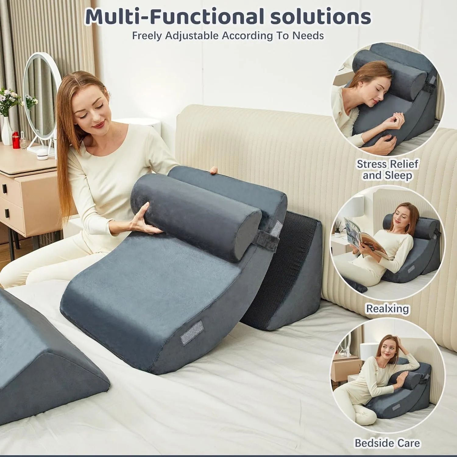 4pcs Bed Wedge Pillow Post Surgery,Wedge Pillow for Sleep apnea for Relief of Body Back and Leg Pain,Acid Reflux and Anti-snoring.