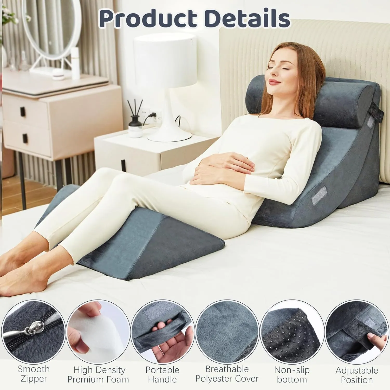 4pcs Bed Wedge Pillow Post Surgery,Wedge Pillow for Sleep apnea for Relief of Body Back and Leg Pain,Acid Reflux and Anti-snoring.