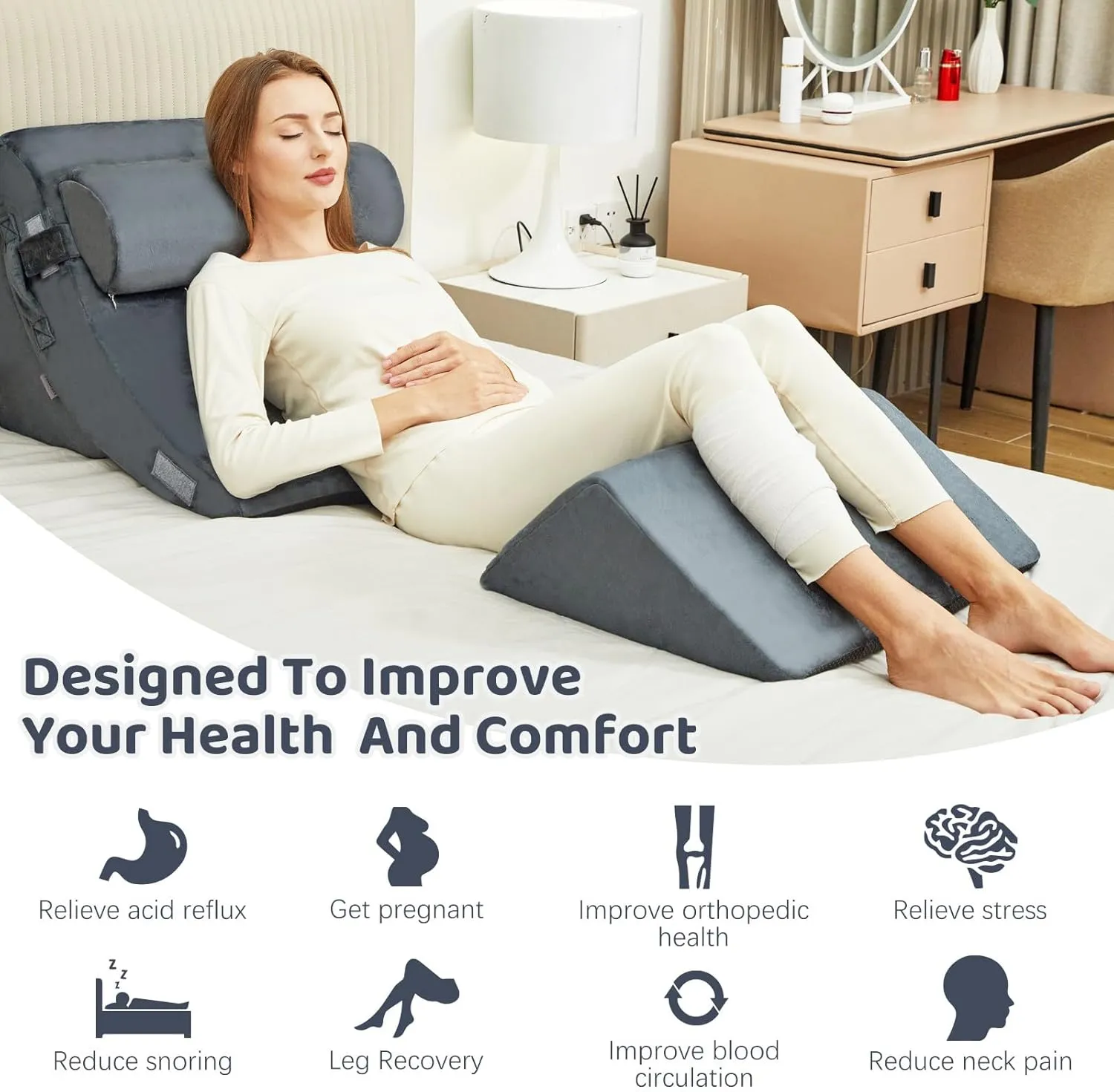 4pcs Bed Wedge Pillow Post Surgery,Wedge Pillow for Sleep apnea for Relief of Body Back and Leg Pain,Acid Reflux and Anti-snoring.