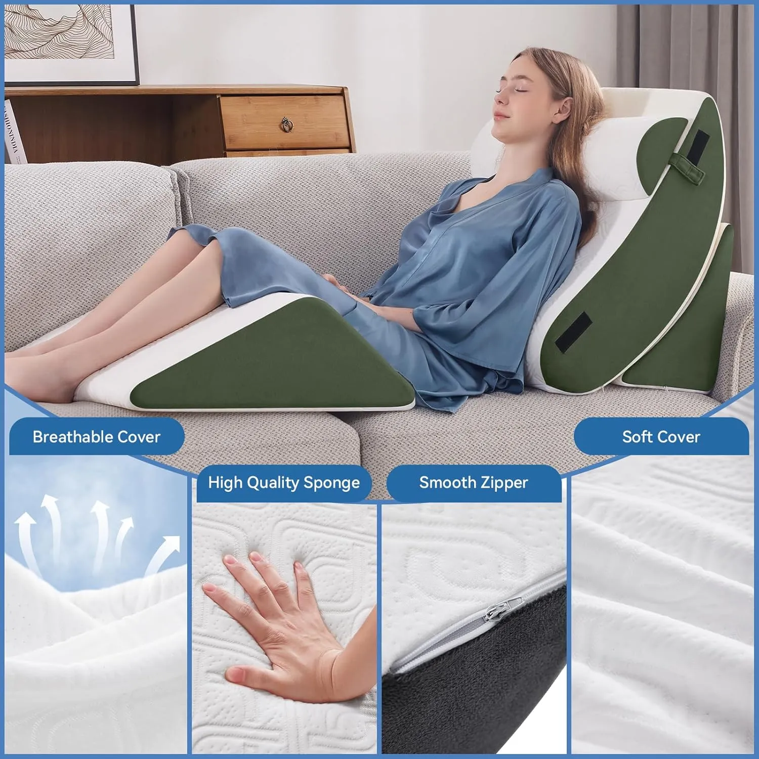 4PCS Orthopedic Bed Wedge Pillow Set for Sleeping, Post Surgery Foam Support Pillow for Back, Neck, Leg Pain Relief and Acid Reflux, Comfortable Adjustable Sitting Back Pillow Green