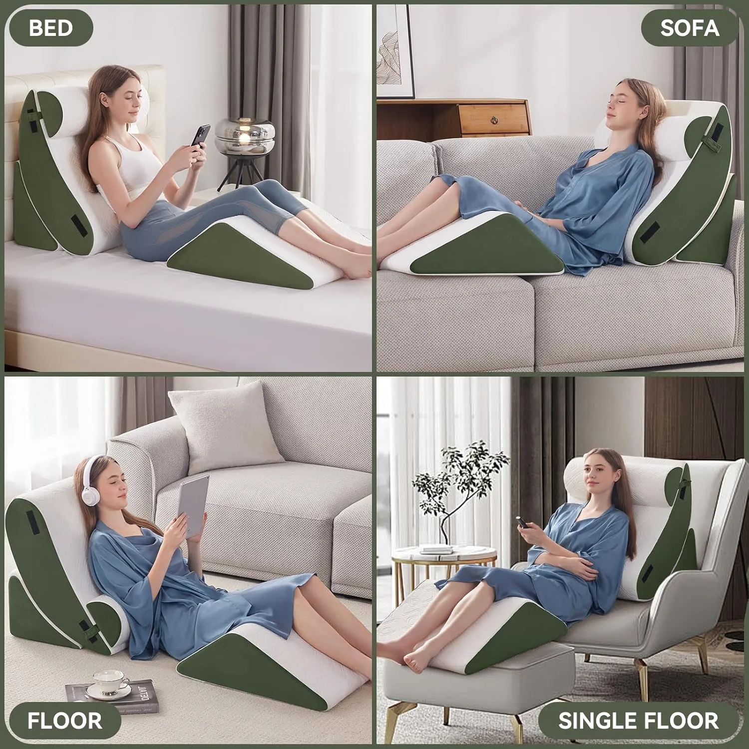 4PCS Orthopedic Bed Wedge Pillow Set for Sleeping, Post Surgery Foam Support Pillow for Back, Neck, Leg Pain Relief and Acid Reflux, Comfortable Adjustable Sitting Back Pillow Green