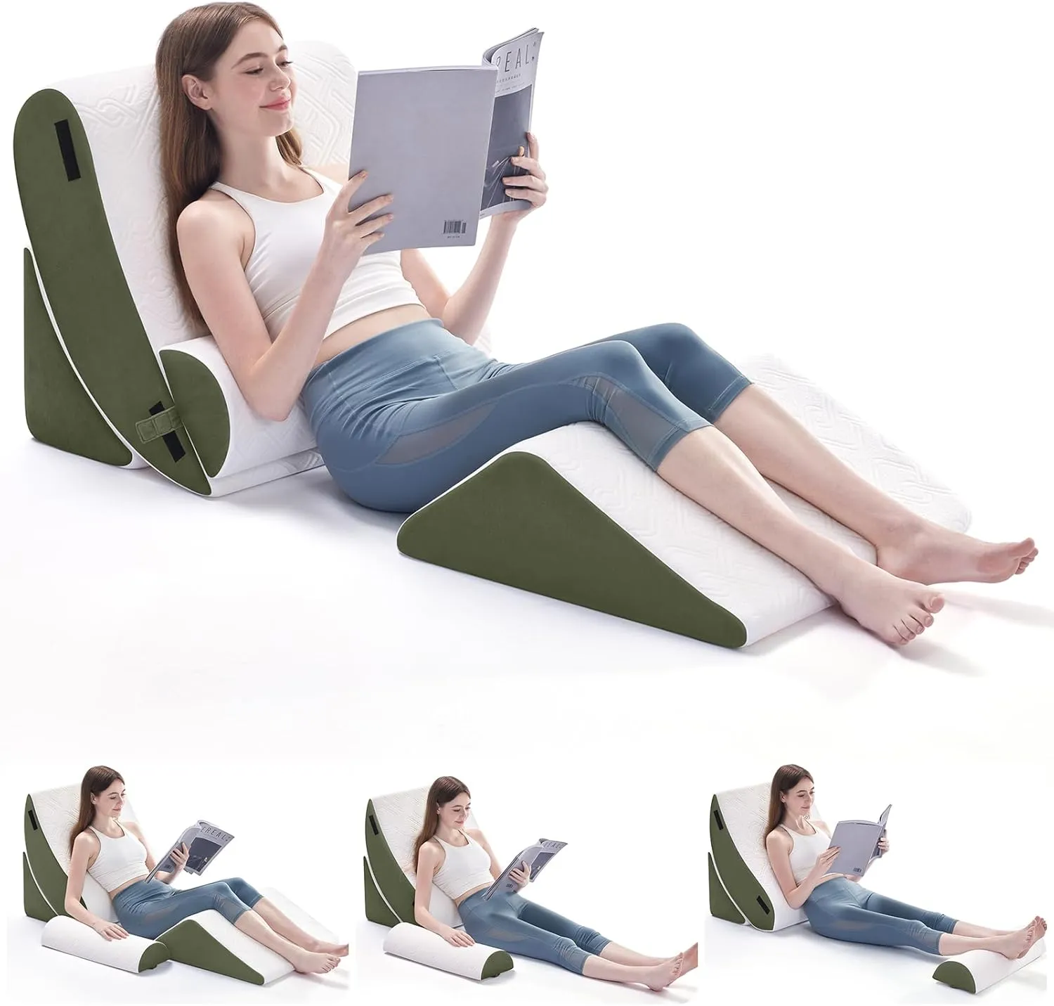 4PCS Orthopedic Bed Wedge Pillow Set for Sleeping, Post Surgery Foam Support Pillow for Back, Neck, Leg Pain Relief and Acid Reflux, Comfortable Adjustable Sitting Back Pillow Green