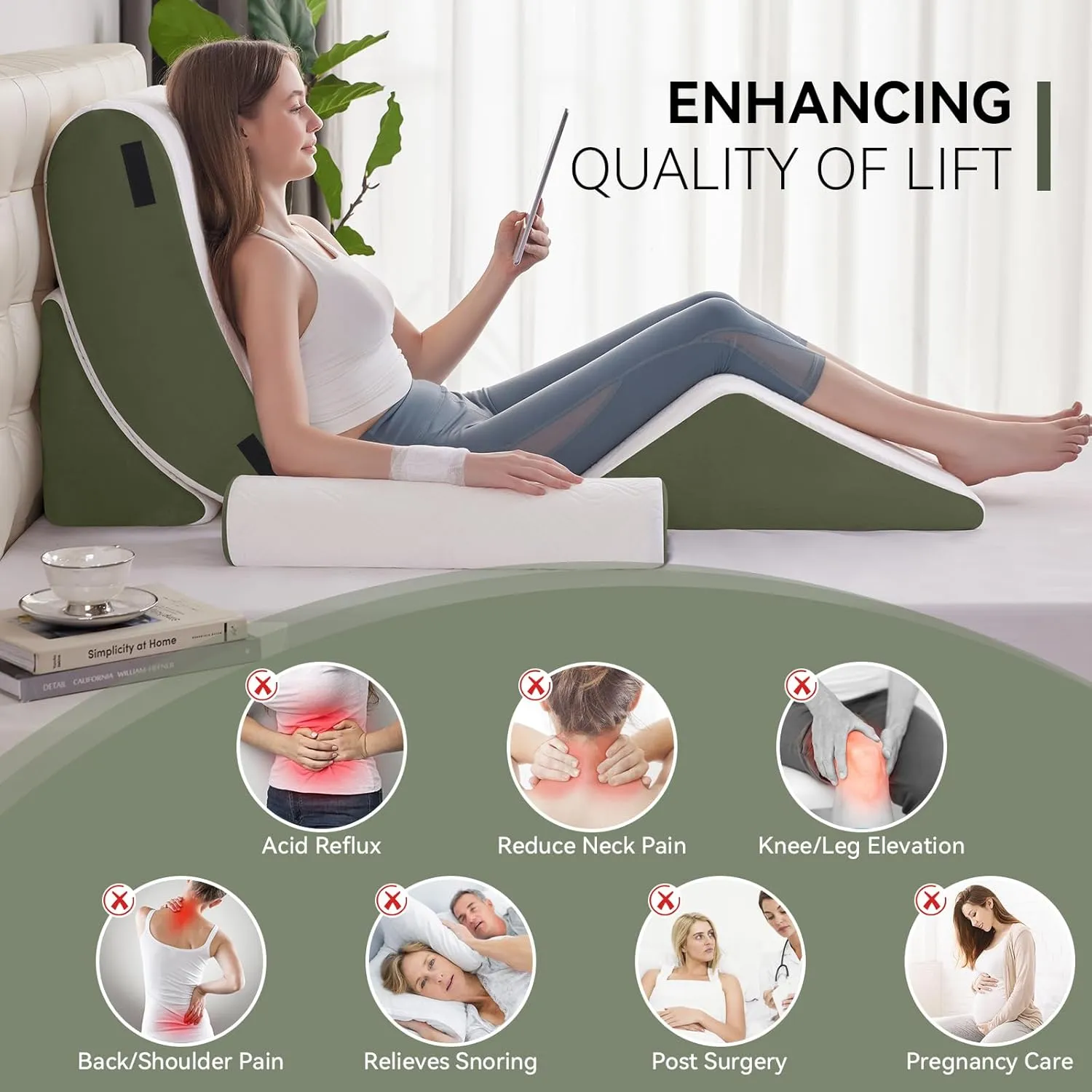 4PCS Orthopedic Bed Wedge Pillow Set for Sleeping, Post Surgery Foam Support Pillow for Back, Neck, Leg Pain Relief and Acid Reflux, Comfortable Adjustable Sitting Back Pillow Green