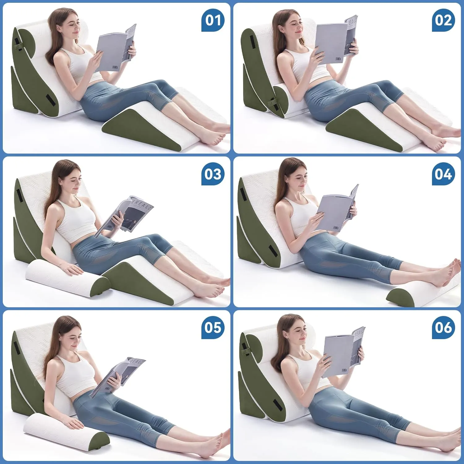 4PCS Orthopedic Bed Wedge Pillow Set for Sleeping, Post Surgery Foam Support Pillow for Back, Neck, Leg Pain Relief and Acid Reflux, Comfortable Adjustable Sitting Back Pillow Green
