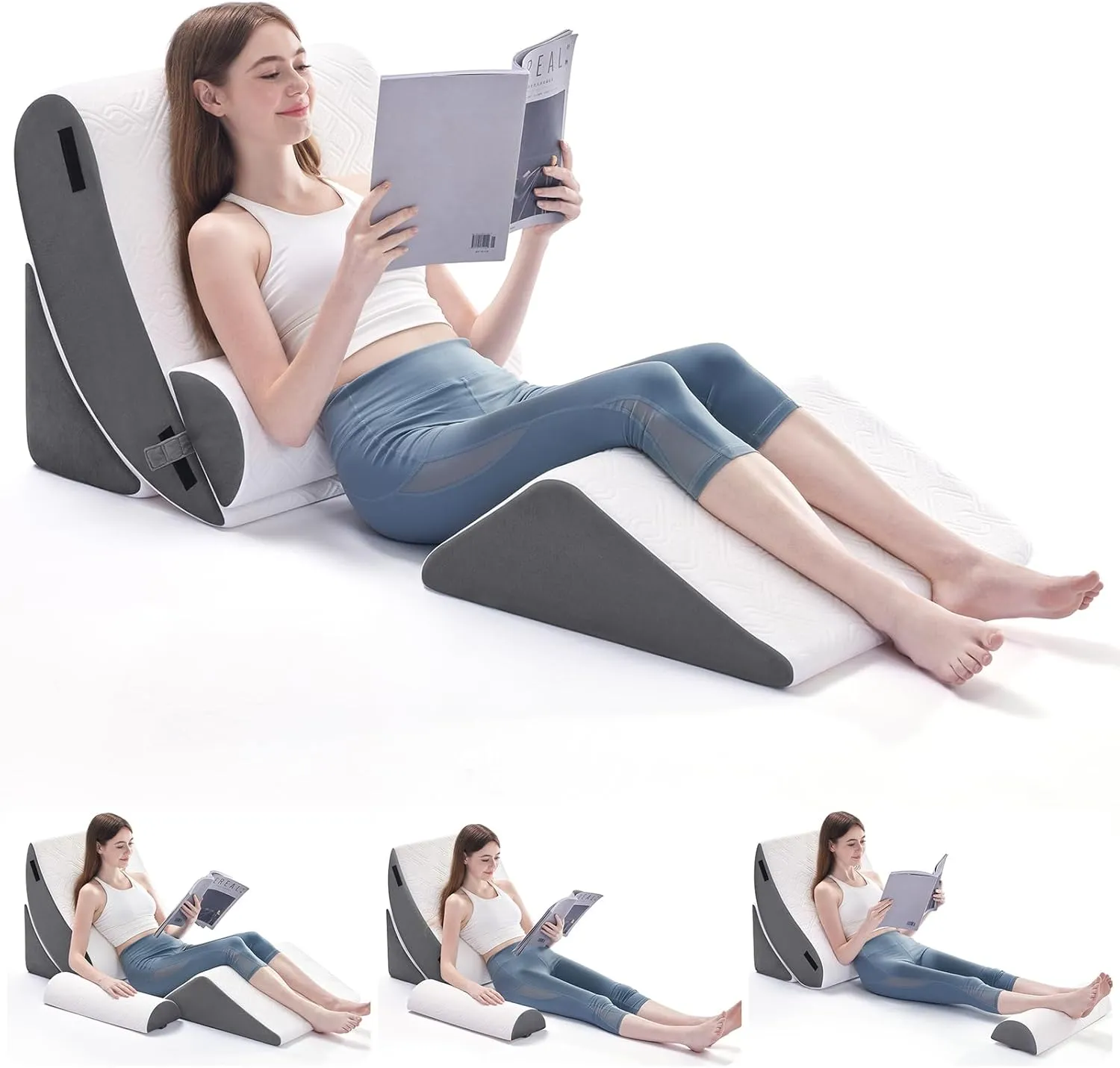4PCS Orthopedic Bed Wedge Pillow Set for Sleeping, Post Surgery Foam Support Pillow for Back, Neck, Leg Pain Relief and Acid Reflux, Comfortable Adjustable Sitting Back Pillow Grey