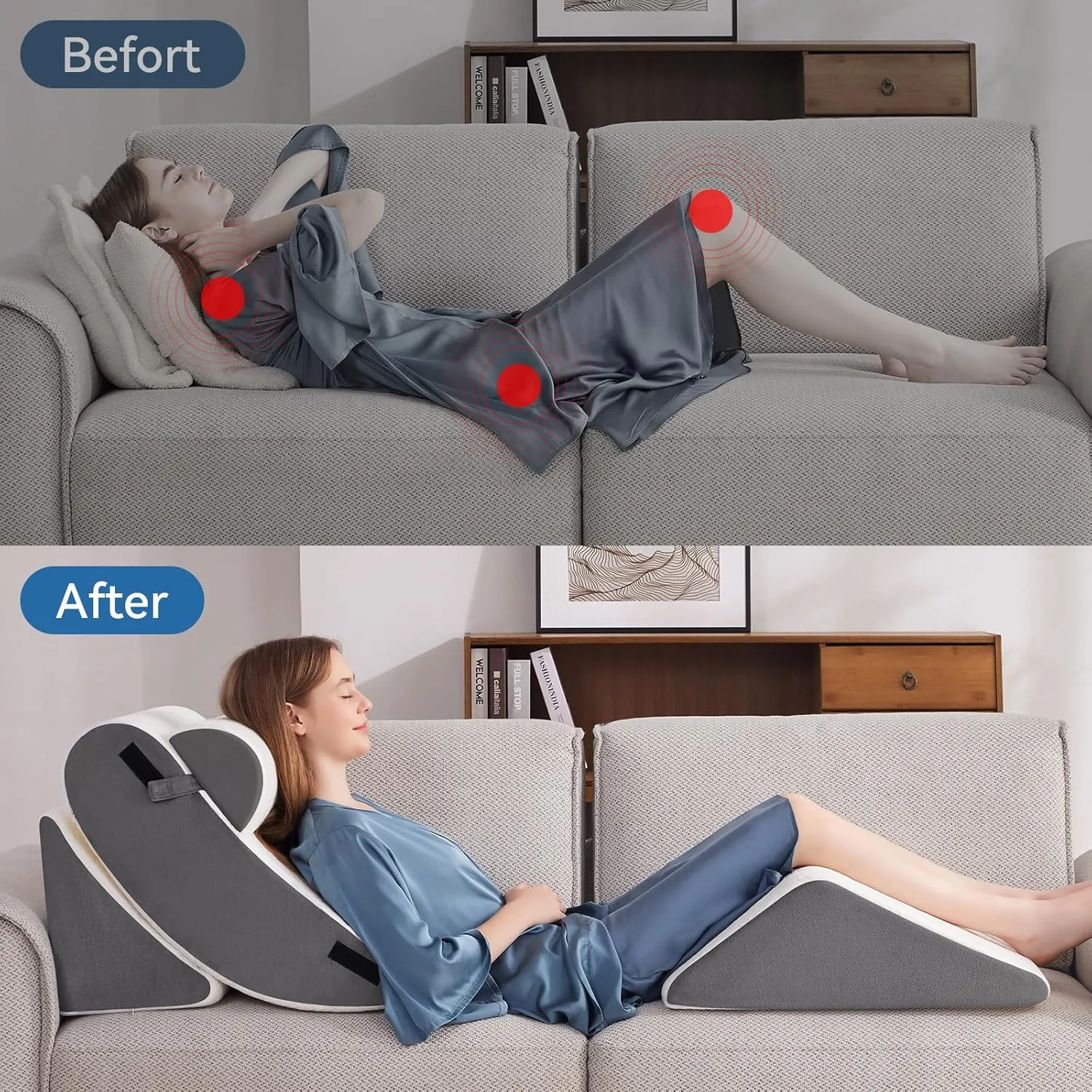 4PCS Orthopedic Bed Wedge Pillow Set for Sleeping, Post Surgery Foam Support Pillow for Back, Neck, Leg Pain Relief and Acid Reflux, Comfortable Adjustable Sitting Back Pillow Grey