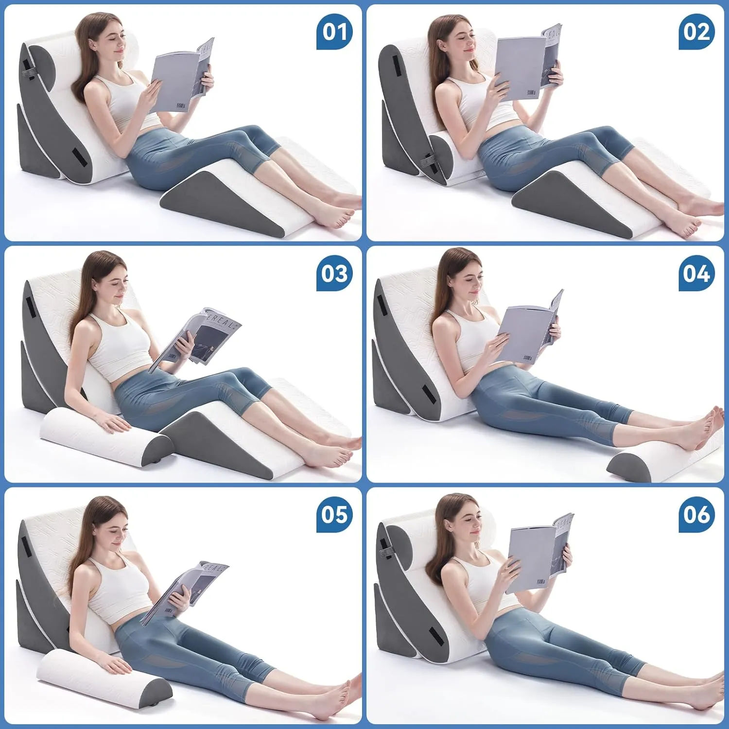 4PCS Orthopedic Bed Wedge Pillow Set for Sleeping, Post Surgery Foam Support Pillow for Back, Neck, Leg Pain Relief and Acid Reflux, Comfortable Adjustable Sitting Back Pillow Grey