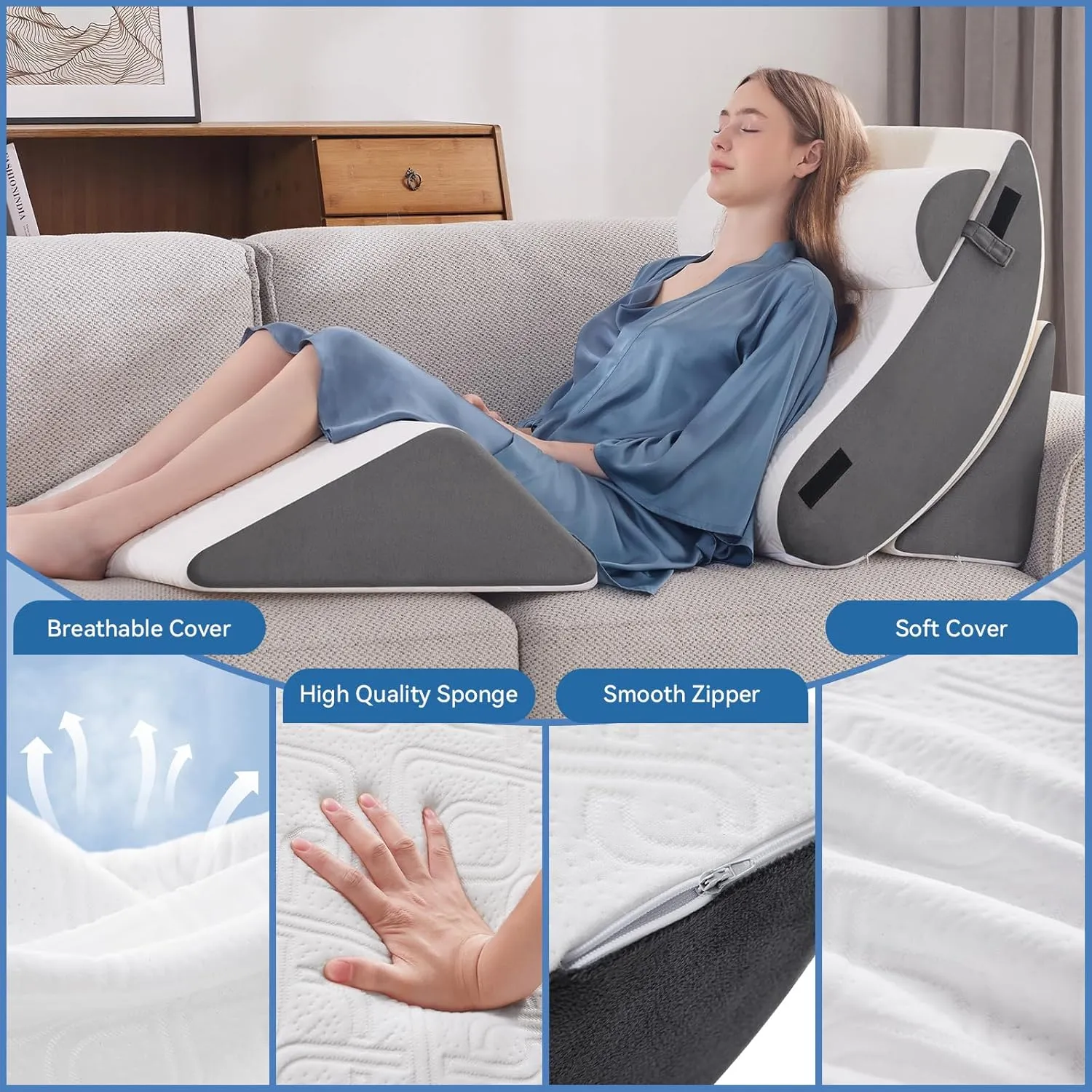 4PCS Orthopedic Bed Wedge Pillow Set for Sleeping, Post Surgery Foam Support Pillow for Back, Neck, Leg Pain Relief and Acid Reflux, Comfortable Adjustable Sitting Back Pillow Grey