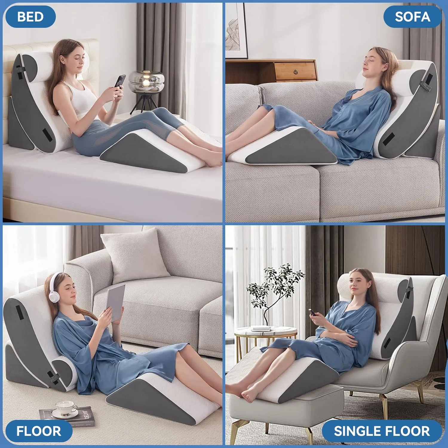 4PCS Orthopedic Bed Wedge Pillow Set for Sleeping, Post Surgery Foam Support Pillow for Back, Neck, Leg Pain Relief and Acid Reflux, Comfortable Adjustable Sitting Back Pillow Grey
