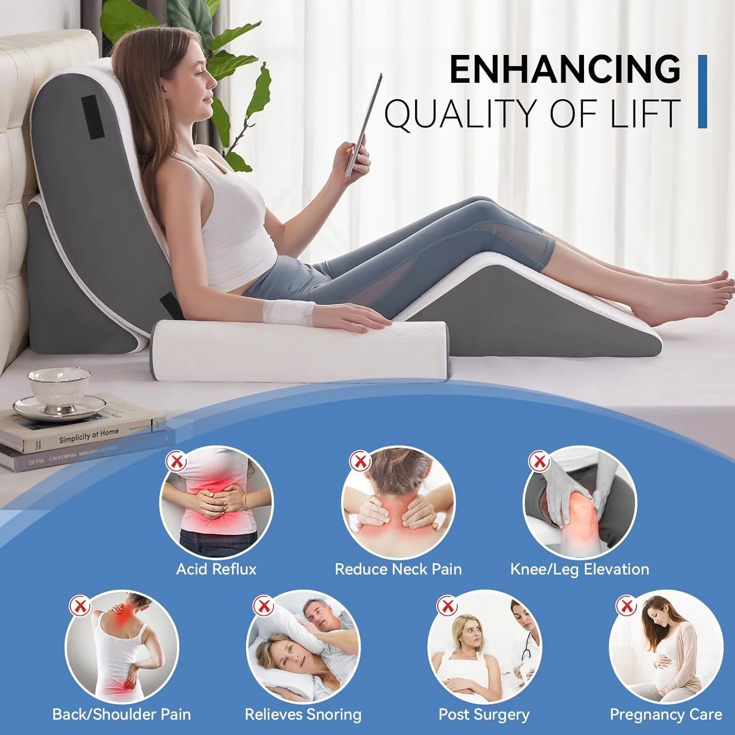 4PCS Orthopedic Bed Wedge Pillow Set for Sleeping, Post Surgery Foam Support Pillow for Back, Neck, Leg Pain Relief and Acid Reflux, Comfortable Adjustable Sitting Back Pillow Grey