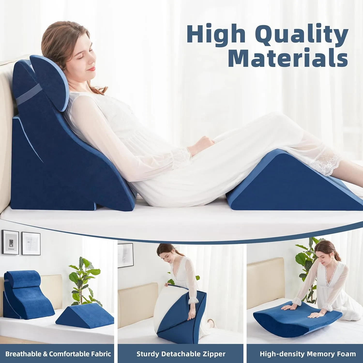 4pcs Orthopedic Wedge Pillow Set, Adjustable Bed Wedge Pillow for Sleeping, Post Surgery, Wedge Pillow for Neck, Back, Knee & Leg Pain Relief, Memory Foam Pillow for Acid Reflux, GERD, Blue