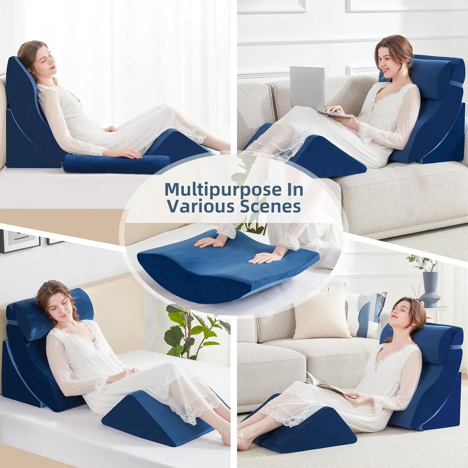 4pcs Orthopedic Wedge Pillow Set, Adjustable Bed Wedge Pillow for Sleeping, Post Surgery, Wedge Pillow for Neck, Back, Knee & Leg Pain Relief, Memory Foam Pillow for Acid Reflux, GERD, Blue
