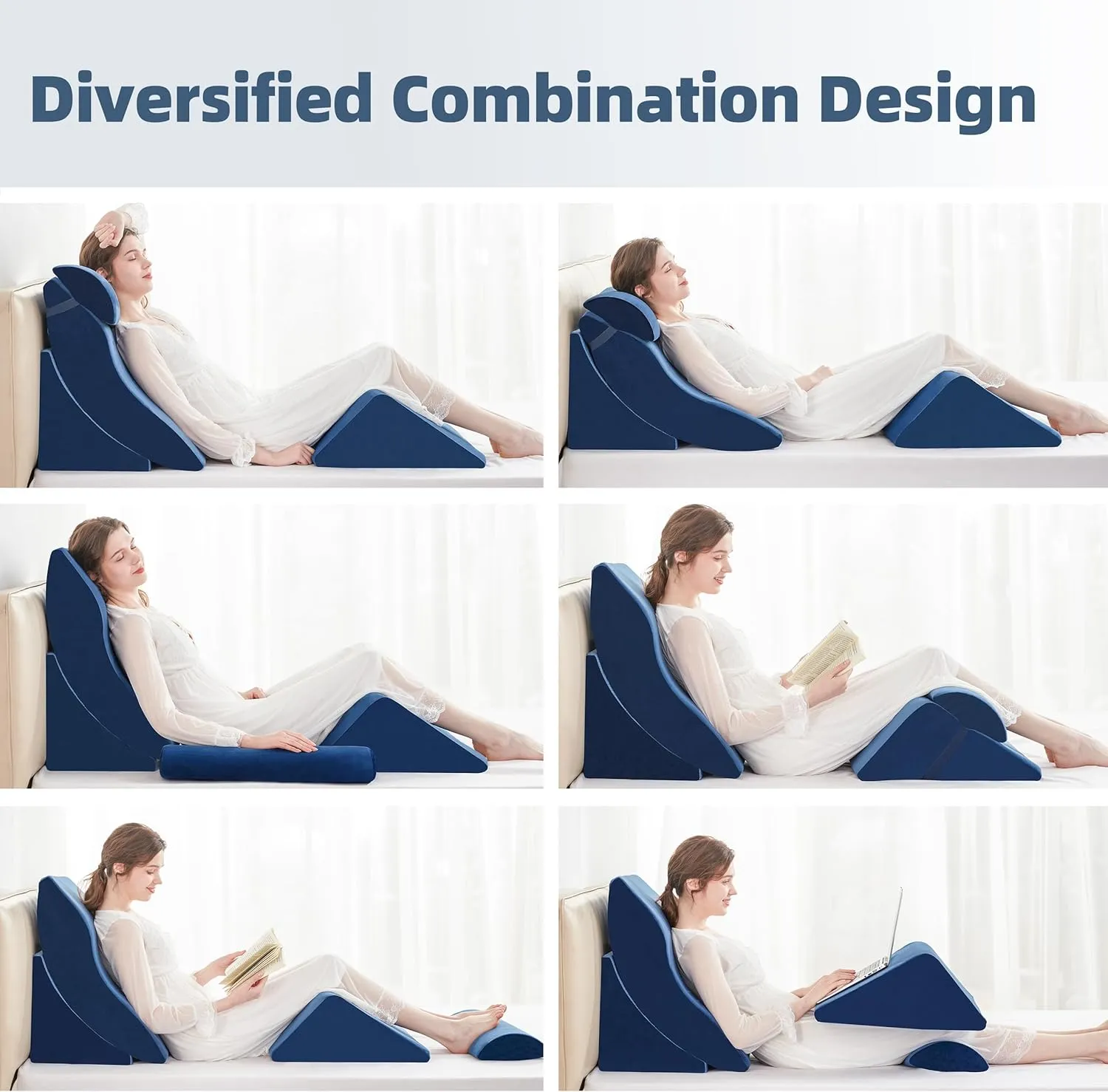 4pcs Orthopedic Wedge Pillow Set, Adjustable Bed Wedge Pillow for Sleeping, Post Surgery, Wedge Pillow for Neck, Back, Knee & Leg Pain Relief, Memory Foam Pillow for Acid Reflux, GERD, Blue