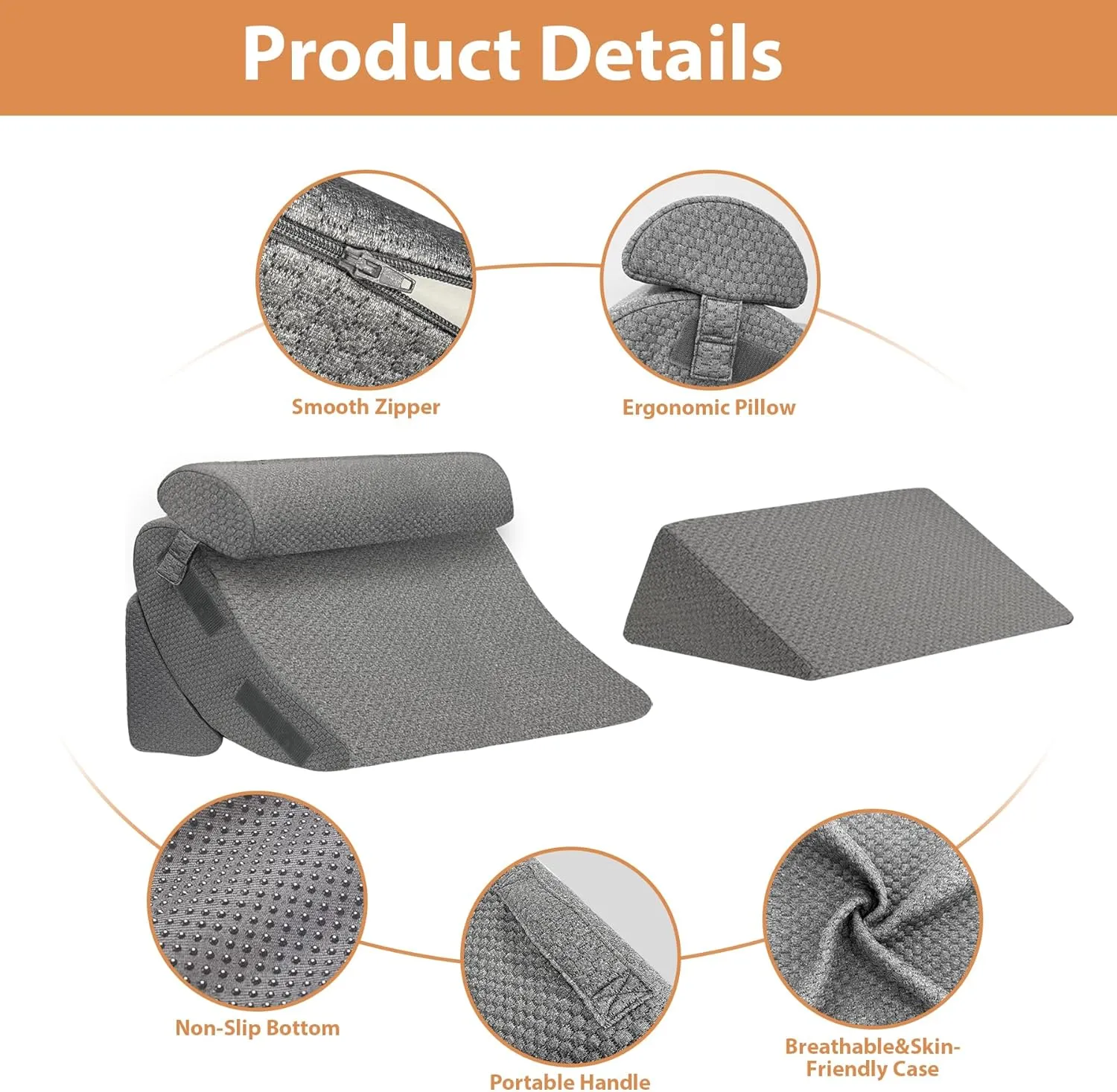 4PCS Wedge Pillow Set for After Surgery, Orthopedic Bed Wedge Pillow for Back Pain Relief, Sitting up in Bed,Recovery, Acid Reflux, Snoring, Body Pillow for Sleeping,Leg,Shoulder Support, Dark Grey