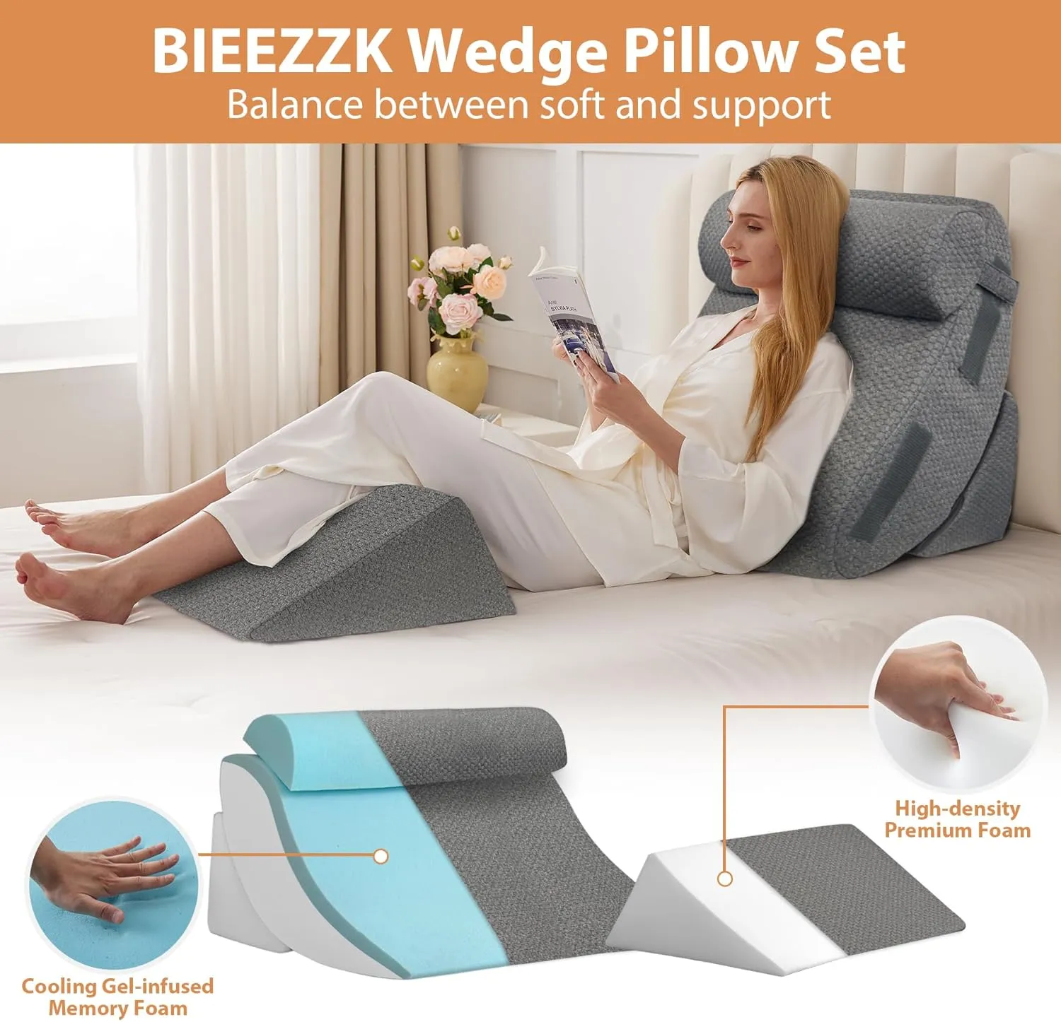 4PCS Wedge Pillow Set for After Surgery, Orthopedic Bed Wedge Pillow for Back Pain Relief, Sitting up in Bed,Recovery, Acid Reflux, Snoring, Body Pillow for Sleeping,Leg,Shoulder Support, Dark Grey