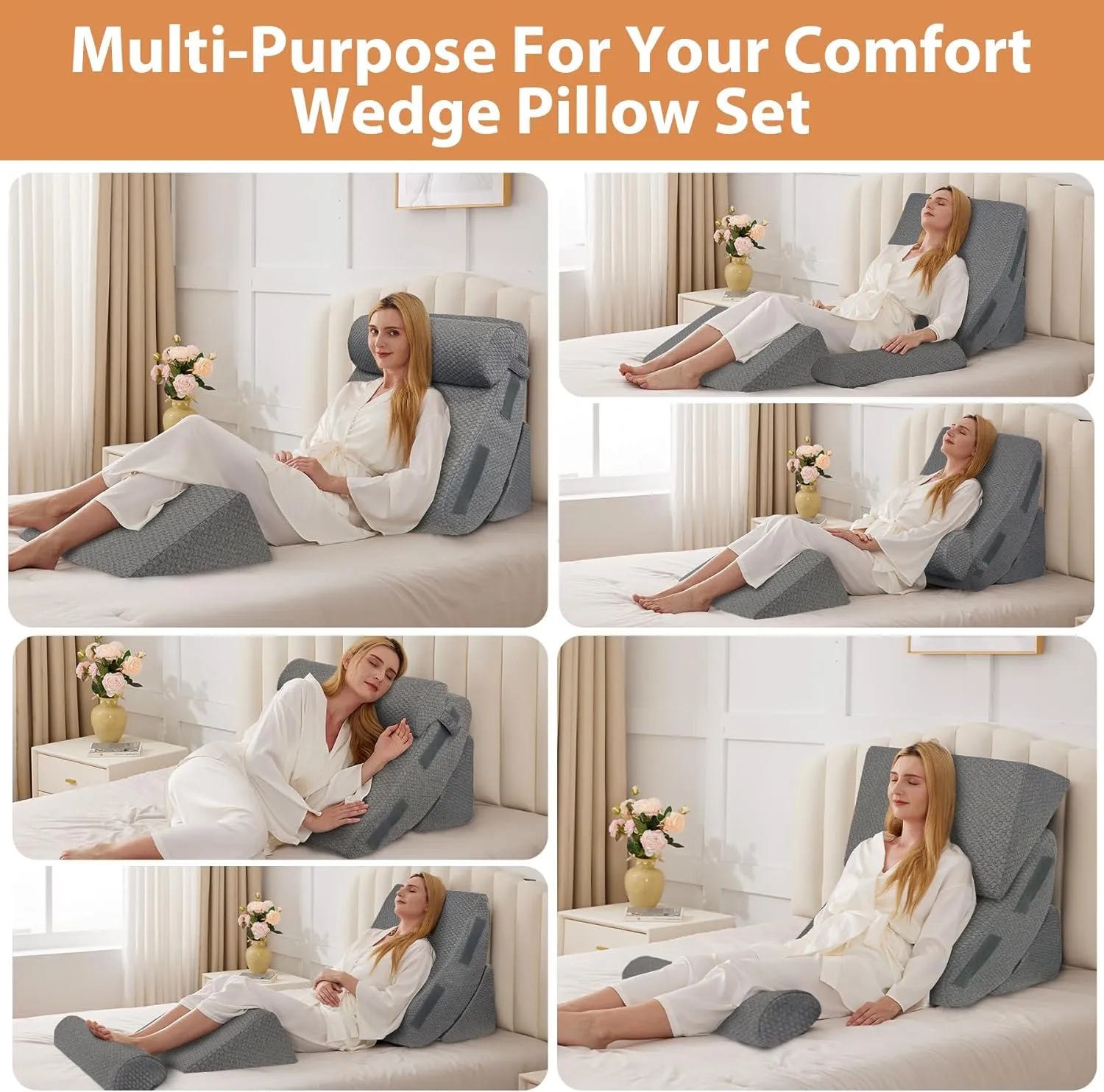 4PCS Wedge Pillow Set for After Surgery, Orthopedic Bed Wedge Pillow for Back Pain Relief, Sitting up in Bed,Recovery, Acid Reflux, Snoring, Body Pillow for Sleeping,Leg,Shoulder Support, Dark Grey