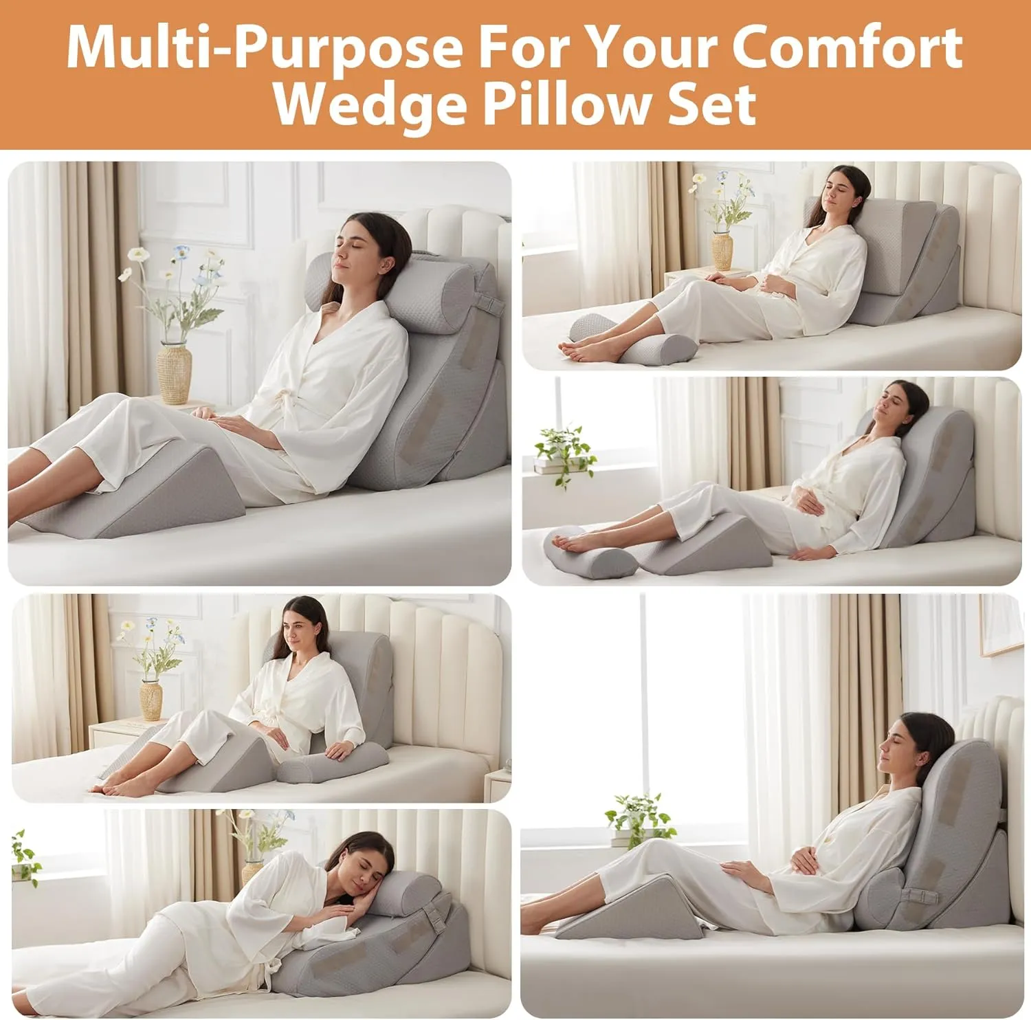 4PCS Wedge Pillow Set for After Surgery, Orthopedic Bed Wedge Pillow for Back Pain Relief, Sitting up in Bed,Recovery, Acid Reflux, Snoring, Body Pillow for Sleeping,Leg,Shoulder Support, Grey