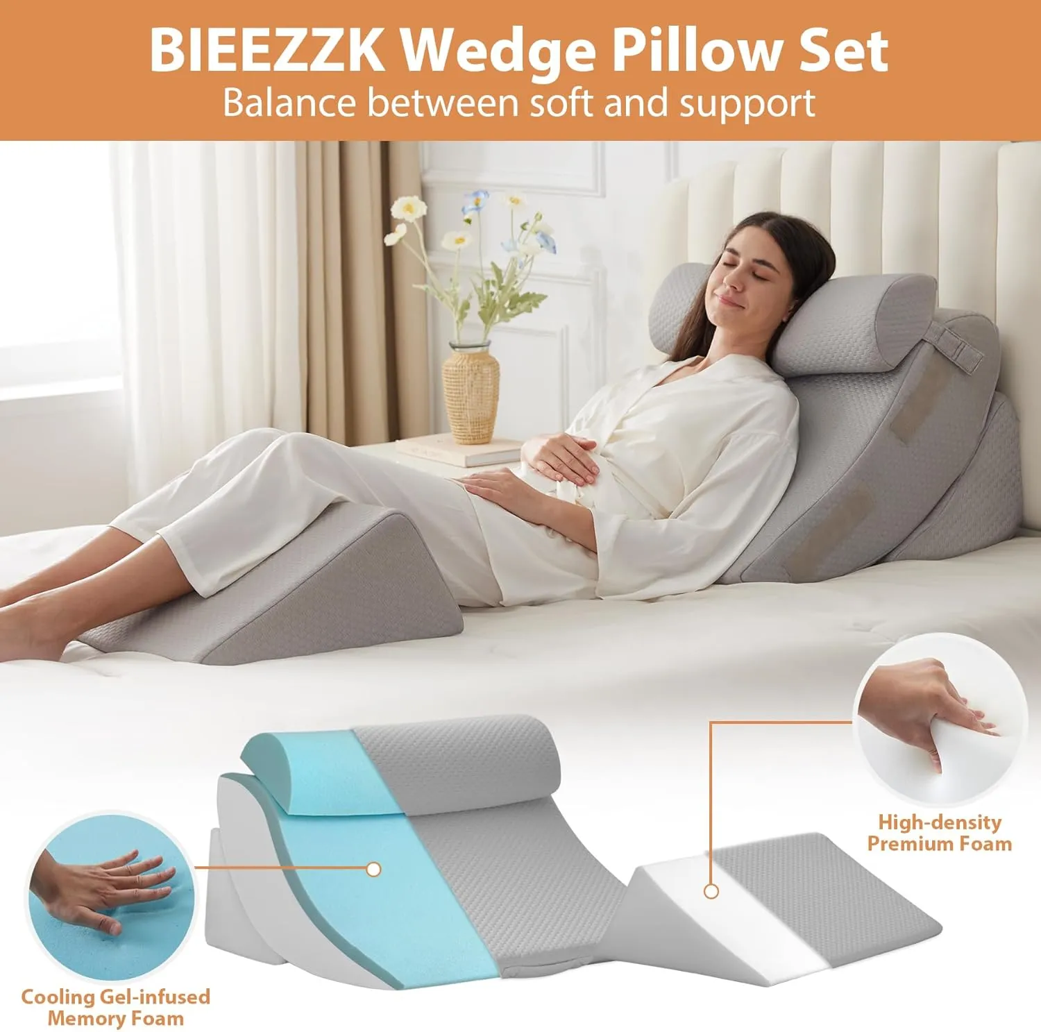 4PCS Wedge Pillow Set for After Surgery, Orthopedic Bed Wedge Pillow for Back Pain Relief, Sitting up in Bed,Recovery, Acid Reflux, Snoring, Body Pillow for Sleeping,Leg,Shoulder Support, Grey