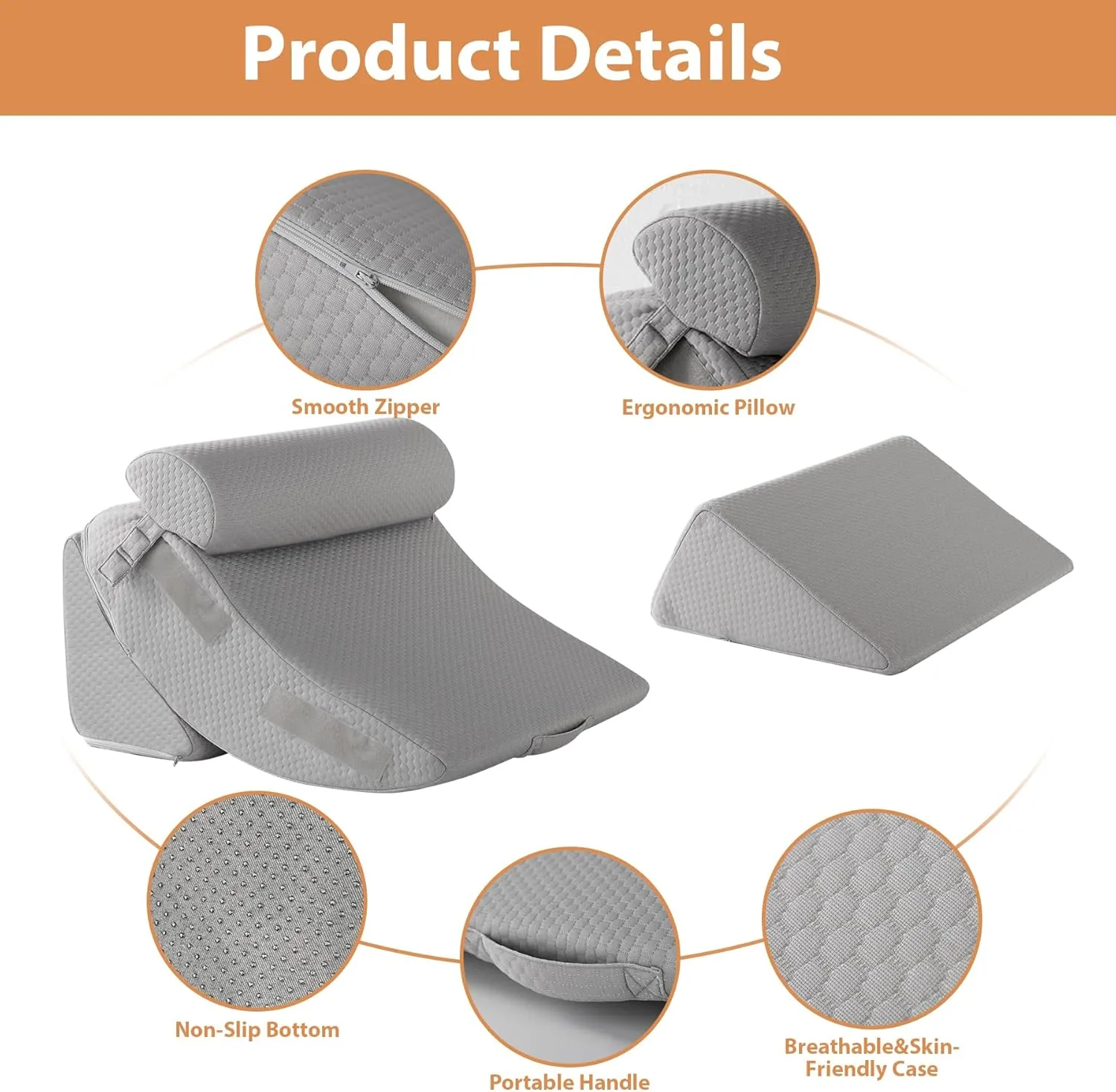 4PCS Wedge Pillow Set for After Surgery, Orthopedic Bed Wedge Pillow for Back Pain Relief, Sitting up in Bed,Recovery, Acid Reflux, Snoring, Body Pillow for Sleeping,Leg,Shoulder Support, Grey