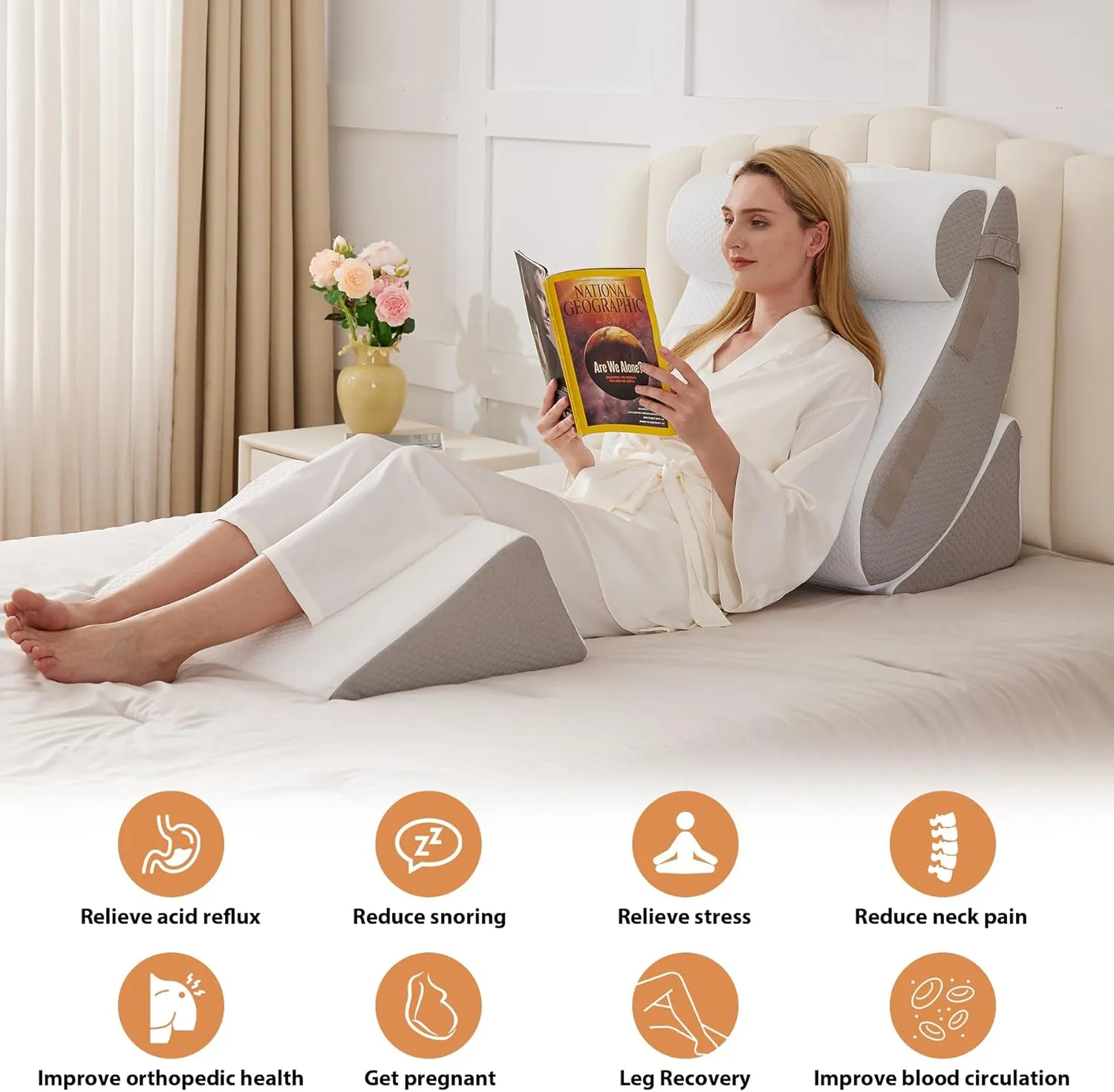 4PCS Wedge Pillow Set for After Surgery, Orthopedic Bed Wedge Pillow for Back Pain Relief, Sitting up in Bed,Recovery, Acid Reflux, Snoring, Body Pillow for Sleeping,Leg,Shoulder Support, White/Grey