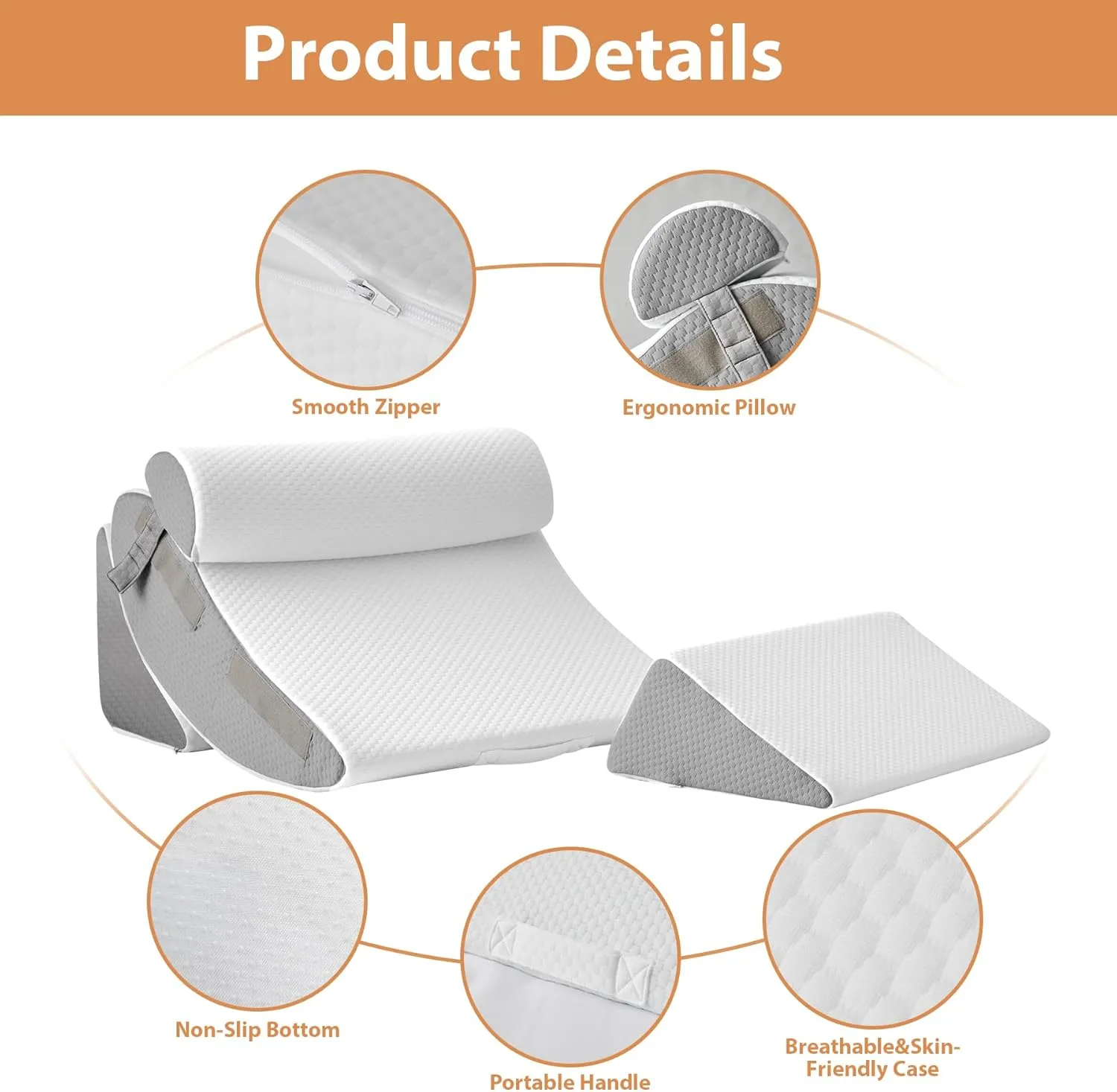 4PCS Wedge Pillow Set for After Surgery, Orthopedic Bed Wedge Pillow for Back Pain Relief, Sitting up in Bed,Recovery, Acid Reflux, Snoring, Body Pillow for Sleeping,Leg,Shoulder Support, White/Grey