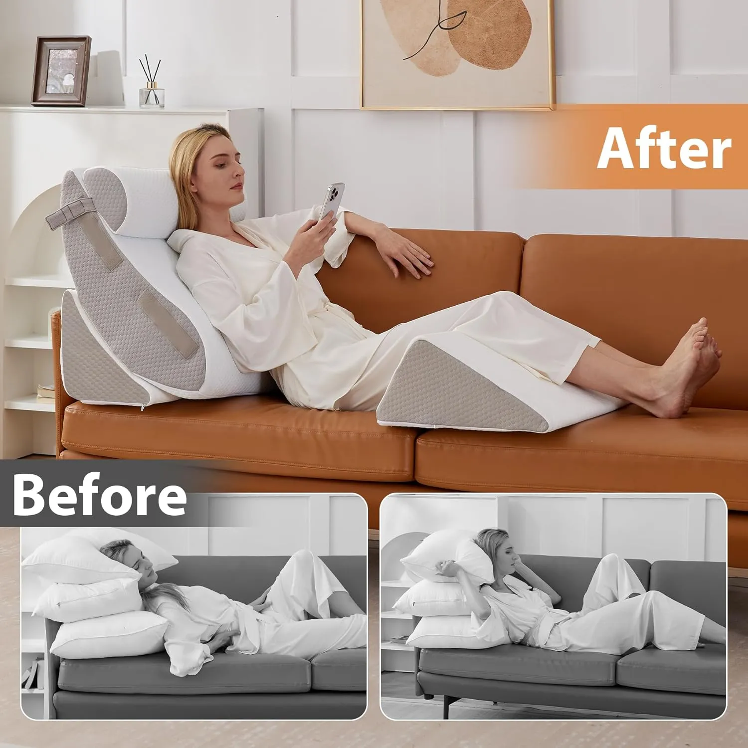 4PCS Wedge Pillow Set for After Surgery, Orthopedic Bed Wedge Pillow for Back Pain Relief, Sitting up in Bed,Recovery, Acid Reflux, Snoring, Body Pillow for Sleeping,Leg,Shoulder Support, White/Grey