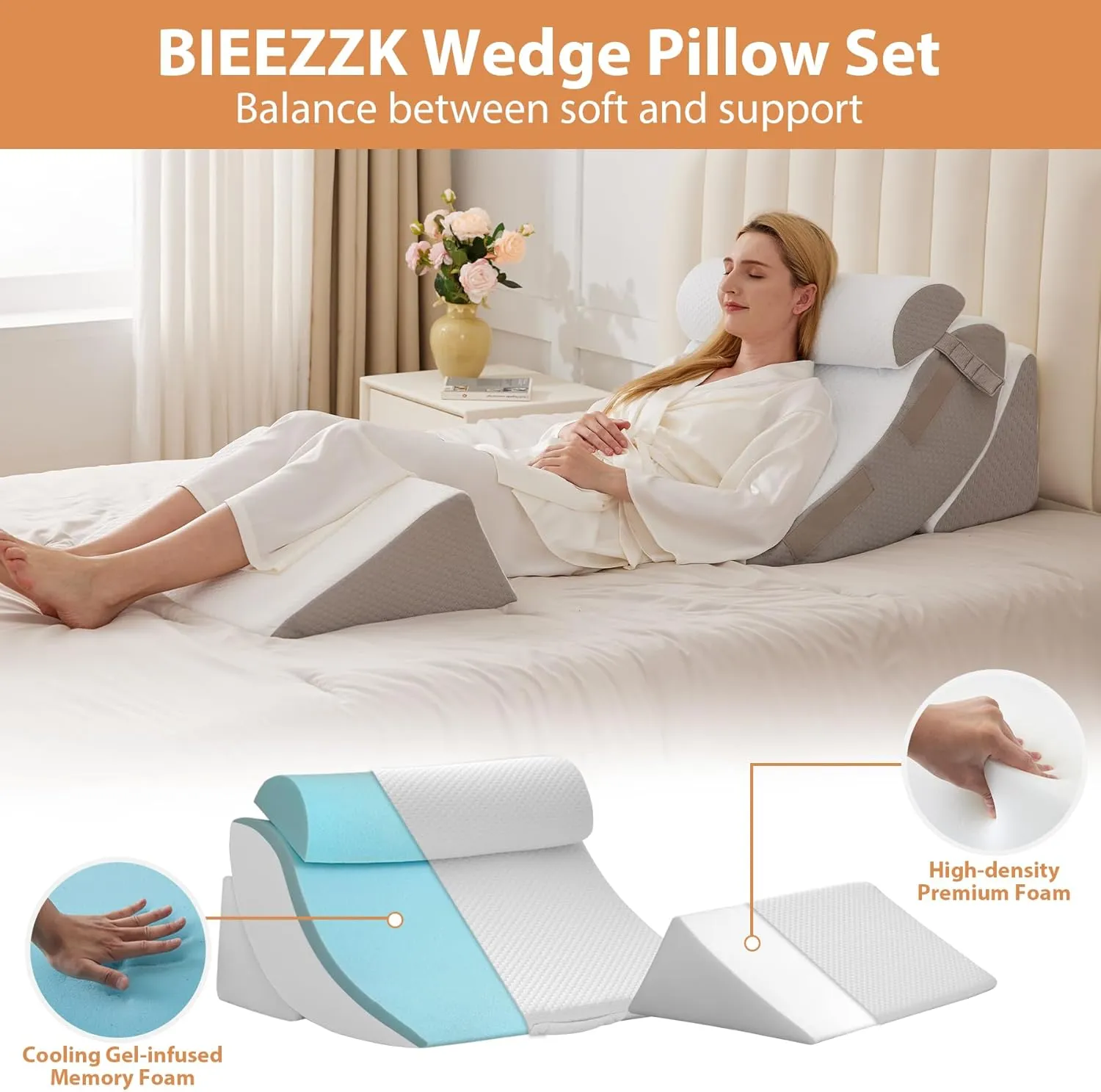 4PCS Wedge Pillow Set for After Surgery, Orthopedic Bed Wedge Pillow for Back Pain Relief, Sitting up in Bed,Recovery, Acid Reflux, Snoring, Body Pillow for Sleeping,Leg,Shoulder Support, White/Grey