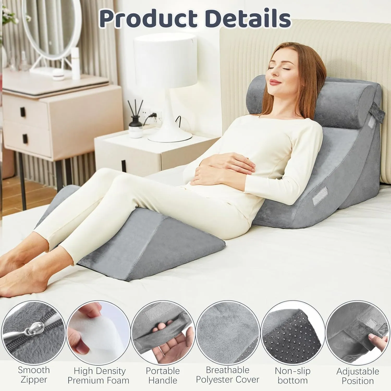 4pcs Wedge Pillow Set for After SurgeryElevated Pillows for Sleeping Foam Wedge for Back Pain Relief and Leg PainPillow Wedge for Acid Reflux Relief and Anti-snoring