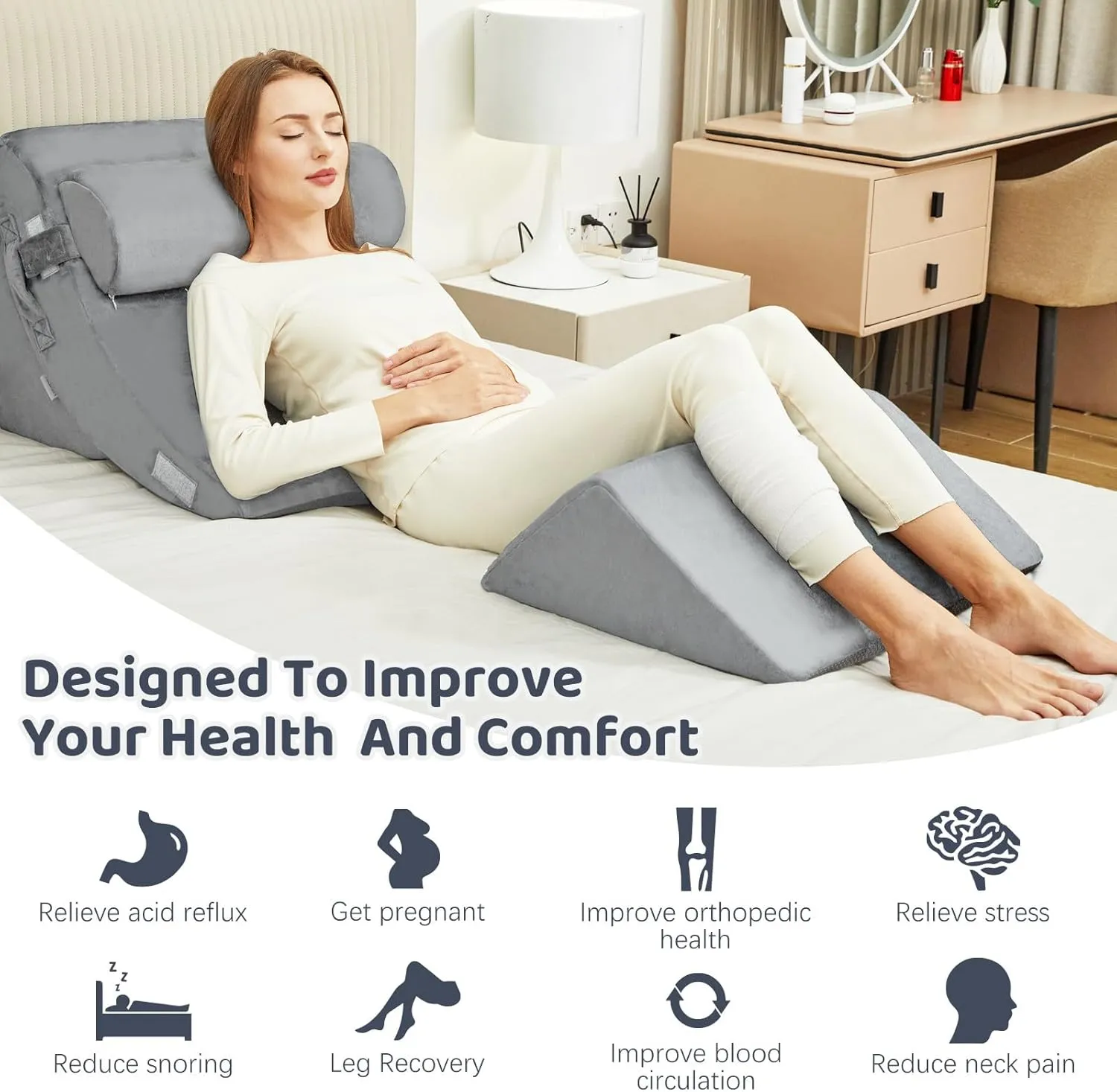 4pcs Wedge Pillow Set for After SurgeryElevated Pillows for Sleeping Foam Wedge for Back Pain Relief and Leg PainPillow Wedge for Acid Reflux Relief and Anti-snoring