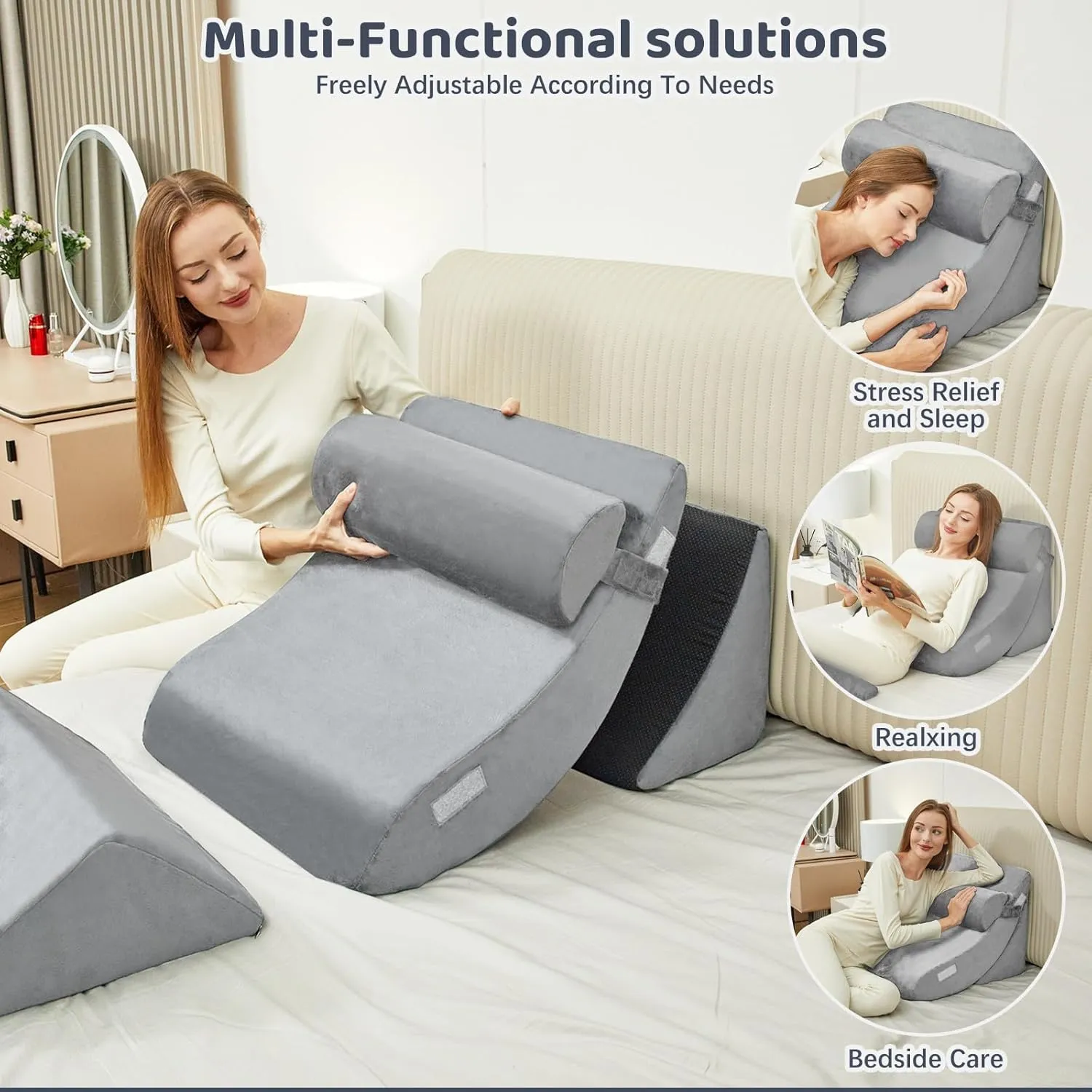 4pcs Wedge Pillow Set for After SurgeryElevated Pillows for Sleeping Foam Wedge for Back Pain Relief and Leg PainPillow Wedge for Acid Reflux Relief and Anti-snoring