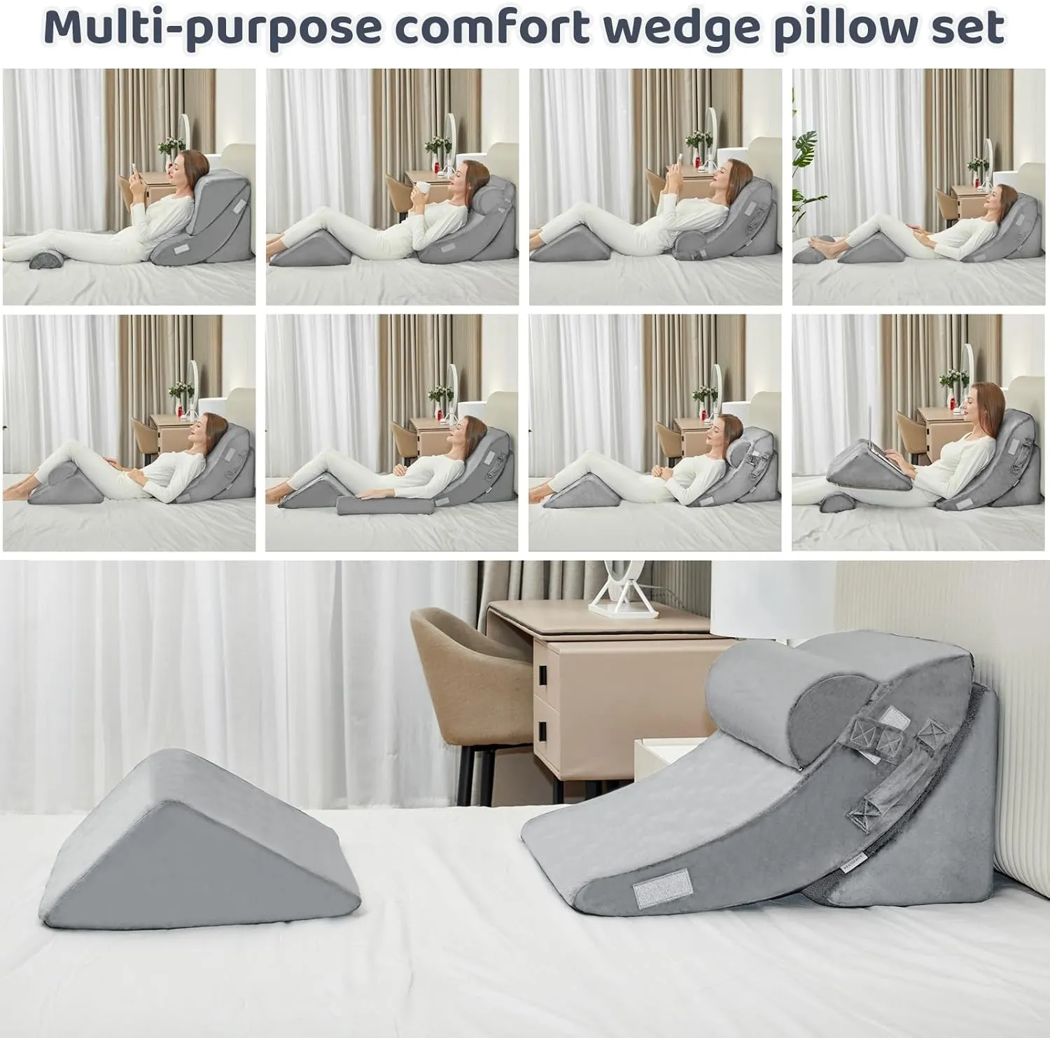 4pcs Wedge Pillow Set for After SurgeryElevated Pillows for Sleeping Foam Wedge for Back Pain Relief and Leg PainPillow Wedge for Acid Reflux Relief and Anti-snoring