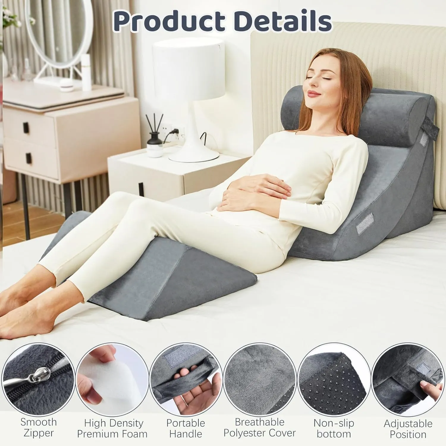 4pcs Wedge Pillow Set for After Surgery,Wedge Pillow headboard for Relief of Body Back and Leg Pain,gerd Pillows for Acid Reflux Side Sleeper and Anti-snoring.