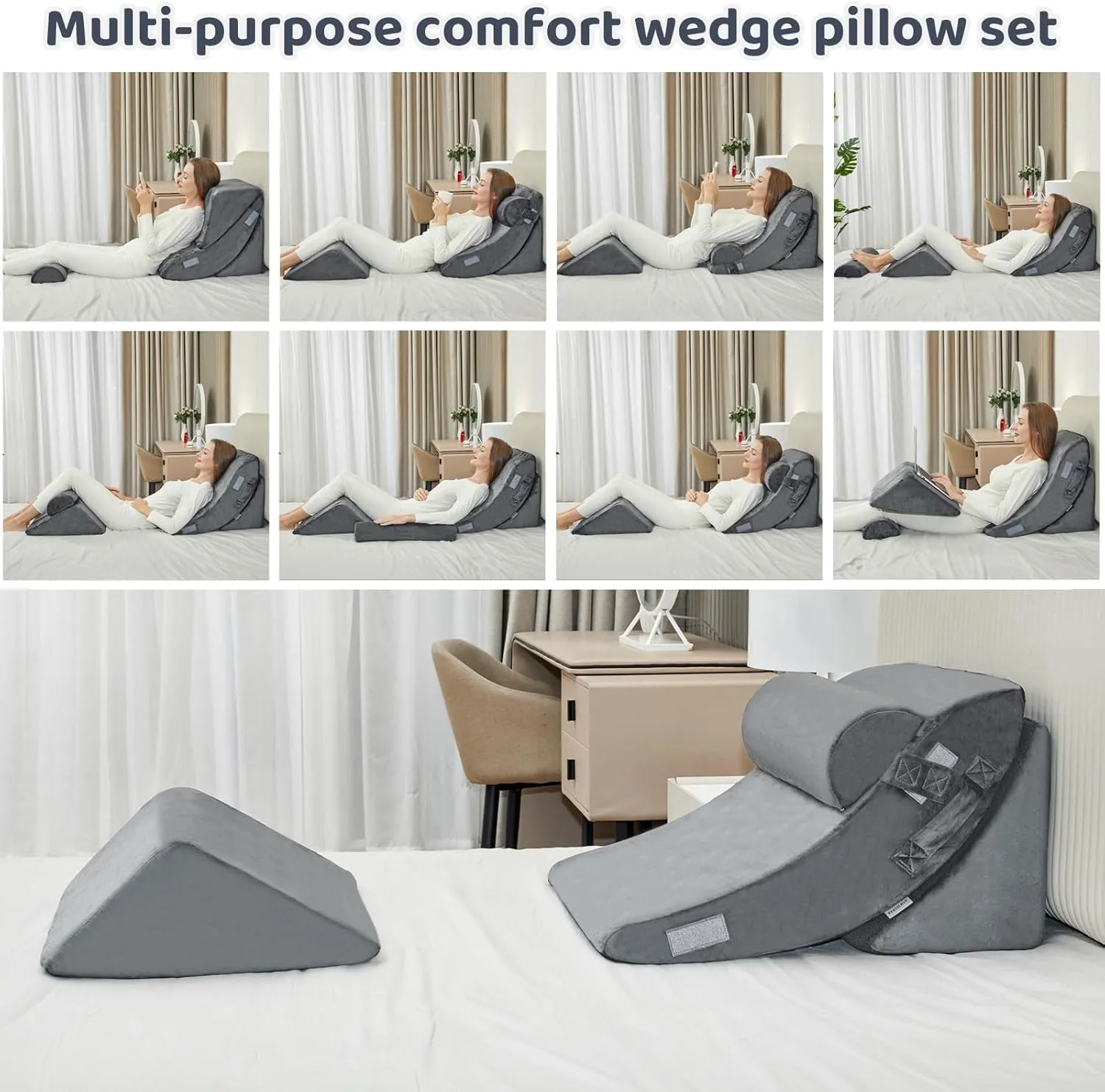 4pcs Wedge Pillow Set for After Surgery,Wedge Pillow headboard for Relief of Body Back and Leg Pain,gerd Pillows for Acid Reflux Side Sleeper and Anti-snoring.