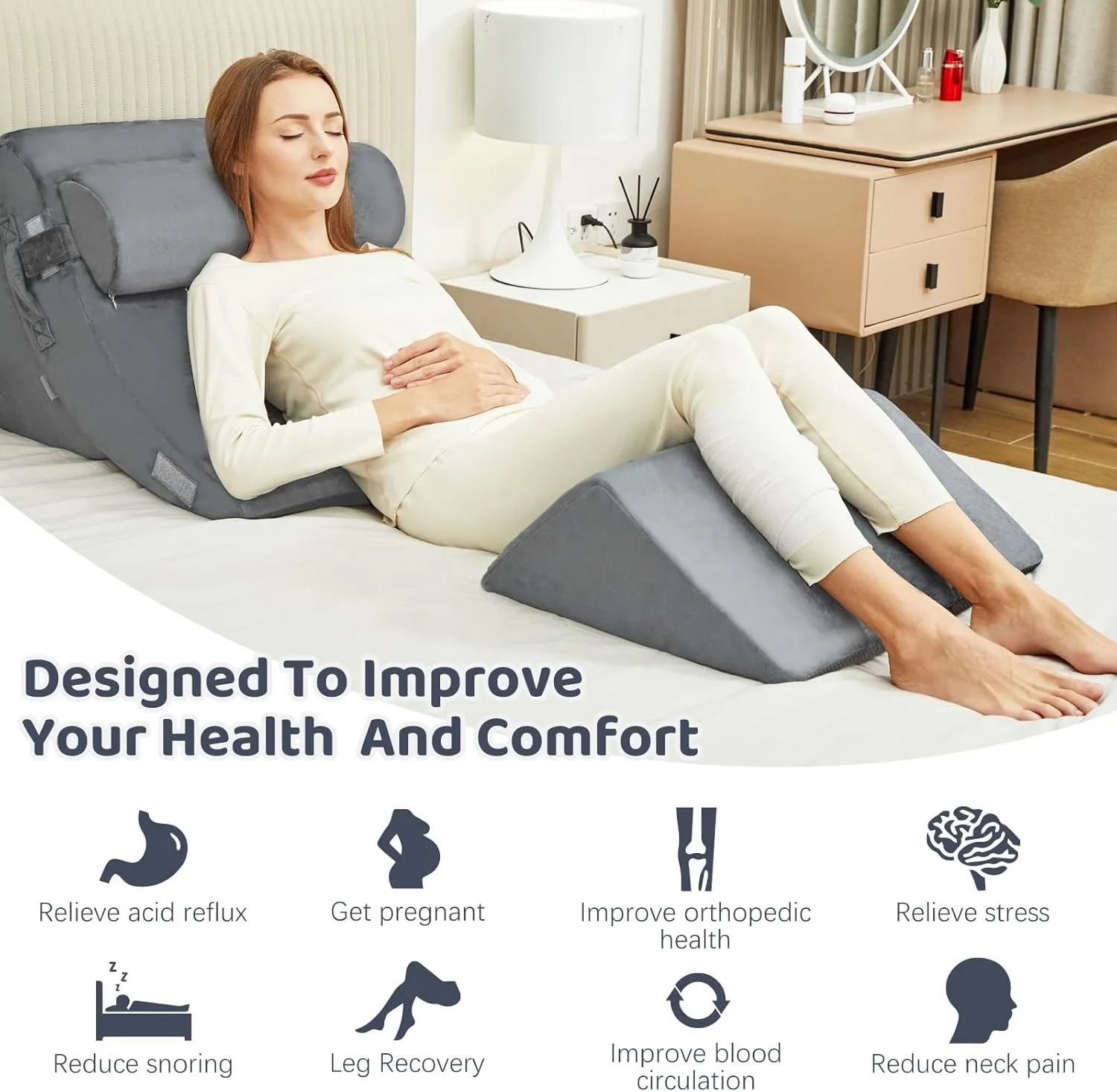 4pcs Wedge Pillow Set for After Surgery,Wedge Pillow headboard for Relief of Body Back and Leg Pain,gerd Pillows for Acid Reflux Side Sleeper and Anti-snoring.