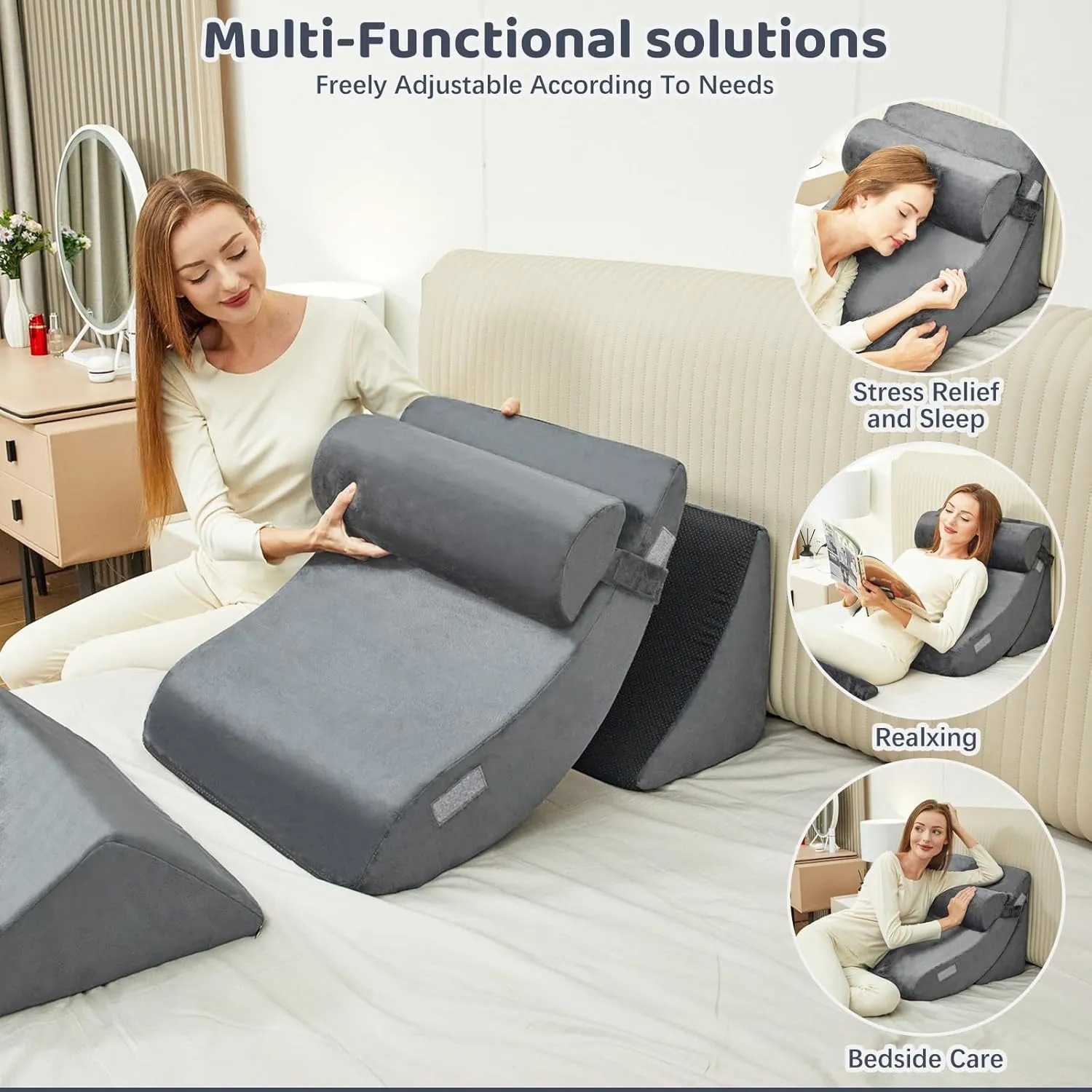 4pcs Wedge Pillow Set for After Surgery,Wedge Pillow headboard for Relief of Body Back and Leg Pain,gerd Pillows for Acid Reflux Side Sleeper and Anti-snoring.