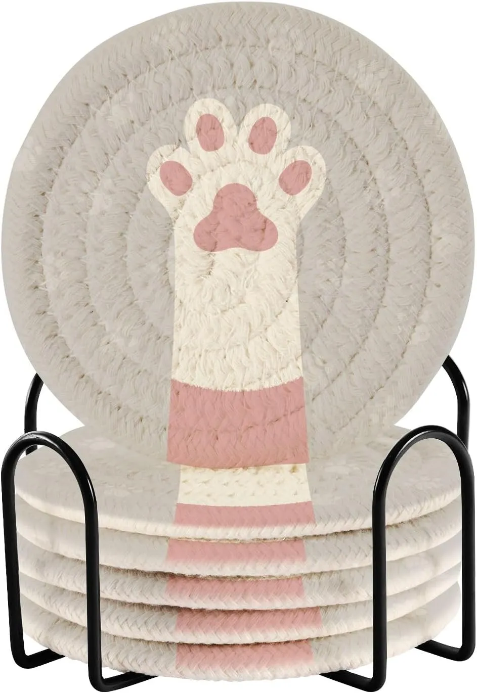 6 Pcs Drink Coasters with Holder,4.3 Inches.Minimalist Cotton Woven Coaster Set for Home Decor Tabletop Protection Suitable for Kinds of Cups-White Pink Cat's Leg Pink Paw Gray Paws