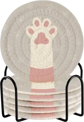 6 Pcs Drink Coasters with Holder,4.3 Inches.Minimalist Cotton Woven Coaster Set for Home Decor Tabletop Protection Suitable for Kinds of Cups-White Pink Cat's Leg Pink Paw Gray Paws