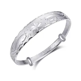 925 Sterling Silver Ethnic Style Bangle Bracelet for Women Boho Adjustable Cuff Bangles Floral Engraved Texture Open Cuff Bracelet Lotus Bangles for Mom Wife Birthday Mother's Day Gifts for Women