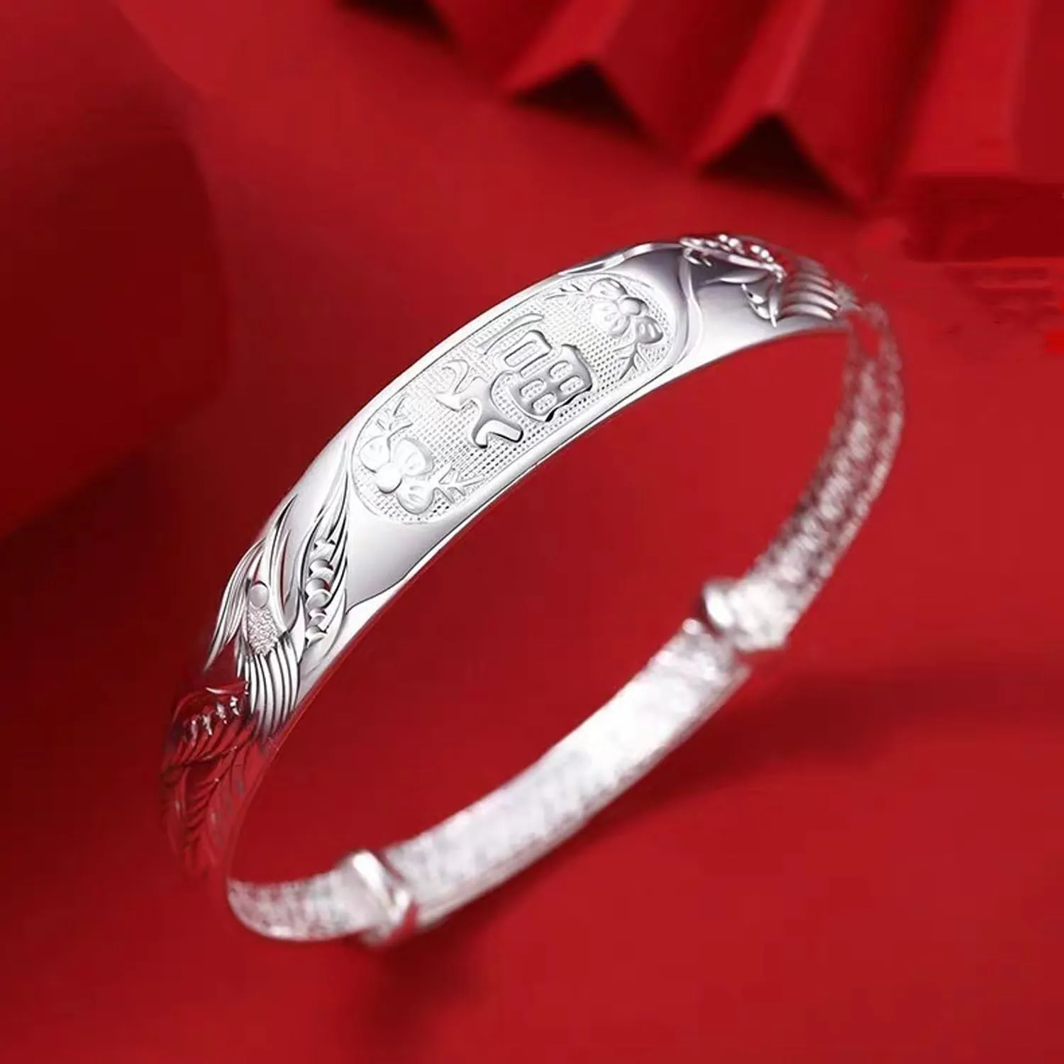 925 Sterling Silver Ethnic Style Bangle Bracelet for Women Boho Adjustable Cuff Bangles Floral Engraved Texture Open Cuff Bracelet Lotus Bangles for Mom Wife Birthday Mother's Day Gifts for Women