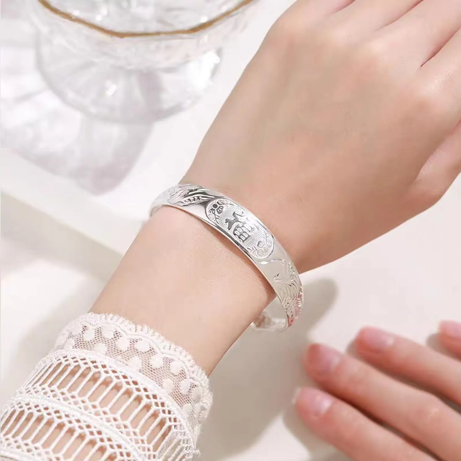 925 Sterling Silver Ethnic Style Bangle Bracelet for Women Boho Adjustable Cuff Bangles Floral Engraved Texture Open Cuff Bracelet Lotus Bangles for Mom Wife Birthday Mother's Day Gifts for Women