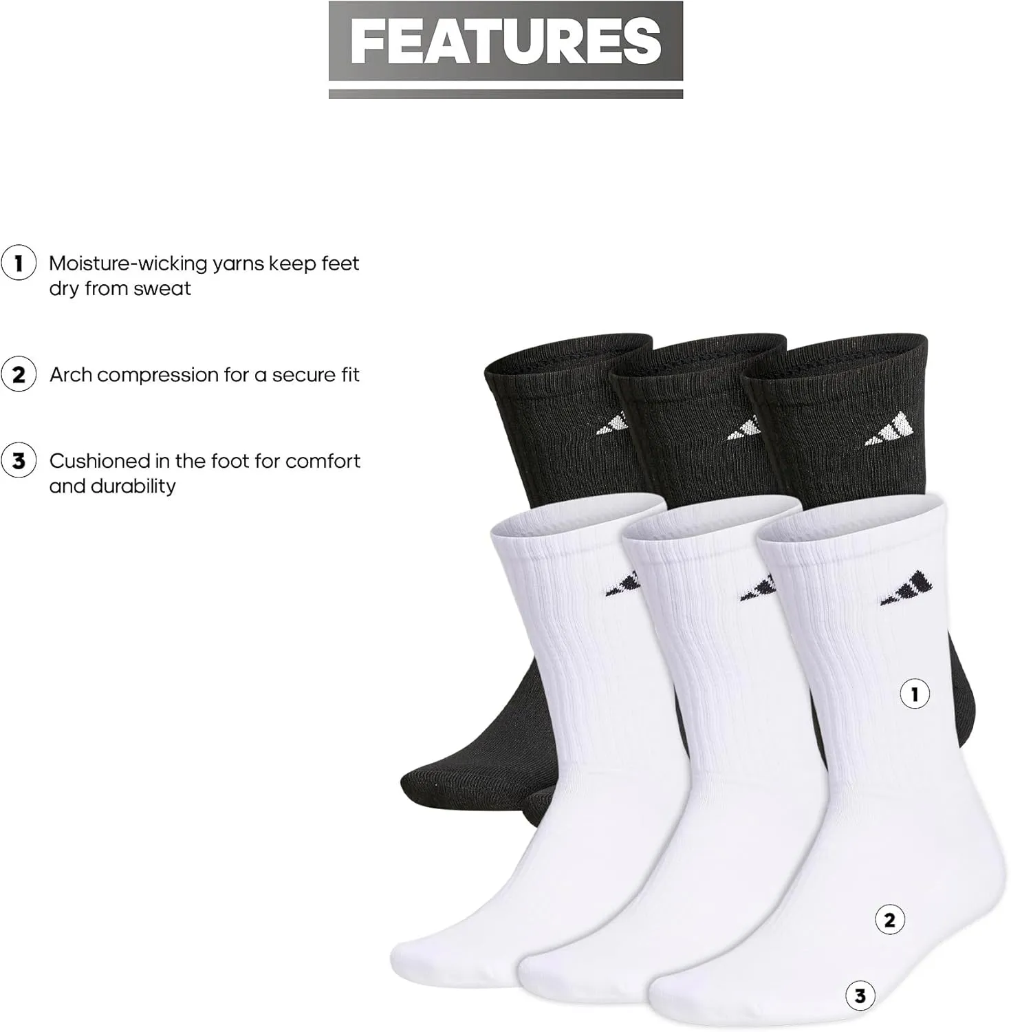 adidas Men's Athletic Cushioned 6-Pack Crew, Cushioned Crew Socks with Arch Compression for a Secure Fit