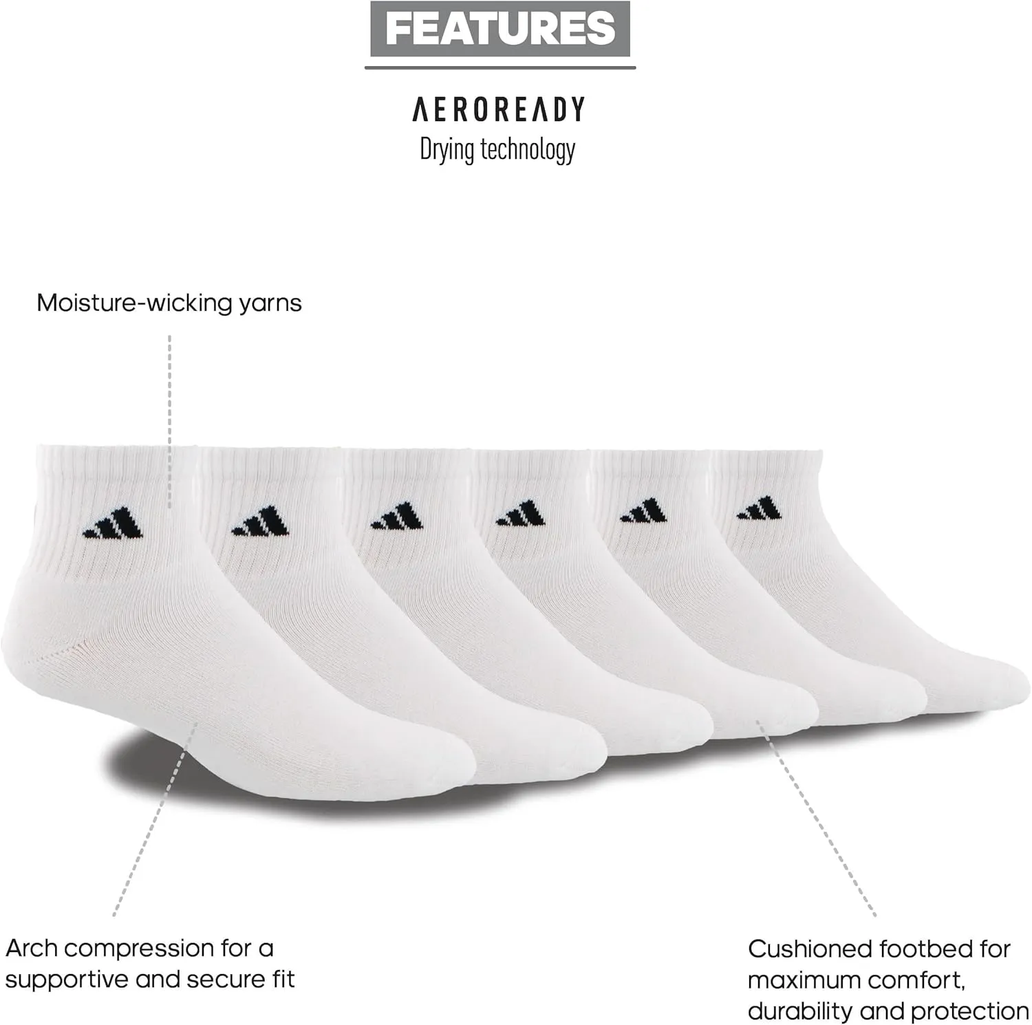 adidas Men's Socks, Athletic Cushioned Quarter 6-Pack, Ankle Fit with Arch Support
