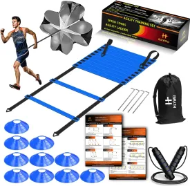 Agility Ladder Speed Training Equipment Set-1 Agility Ladder,1 Running Parachute|,1 Jump Rope, 10 Disc Cones and Gym Carry Bag - Speed Training Equipment for Soccer Football Basketball