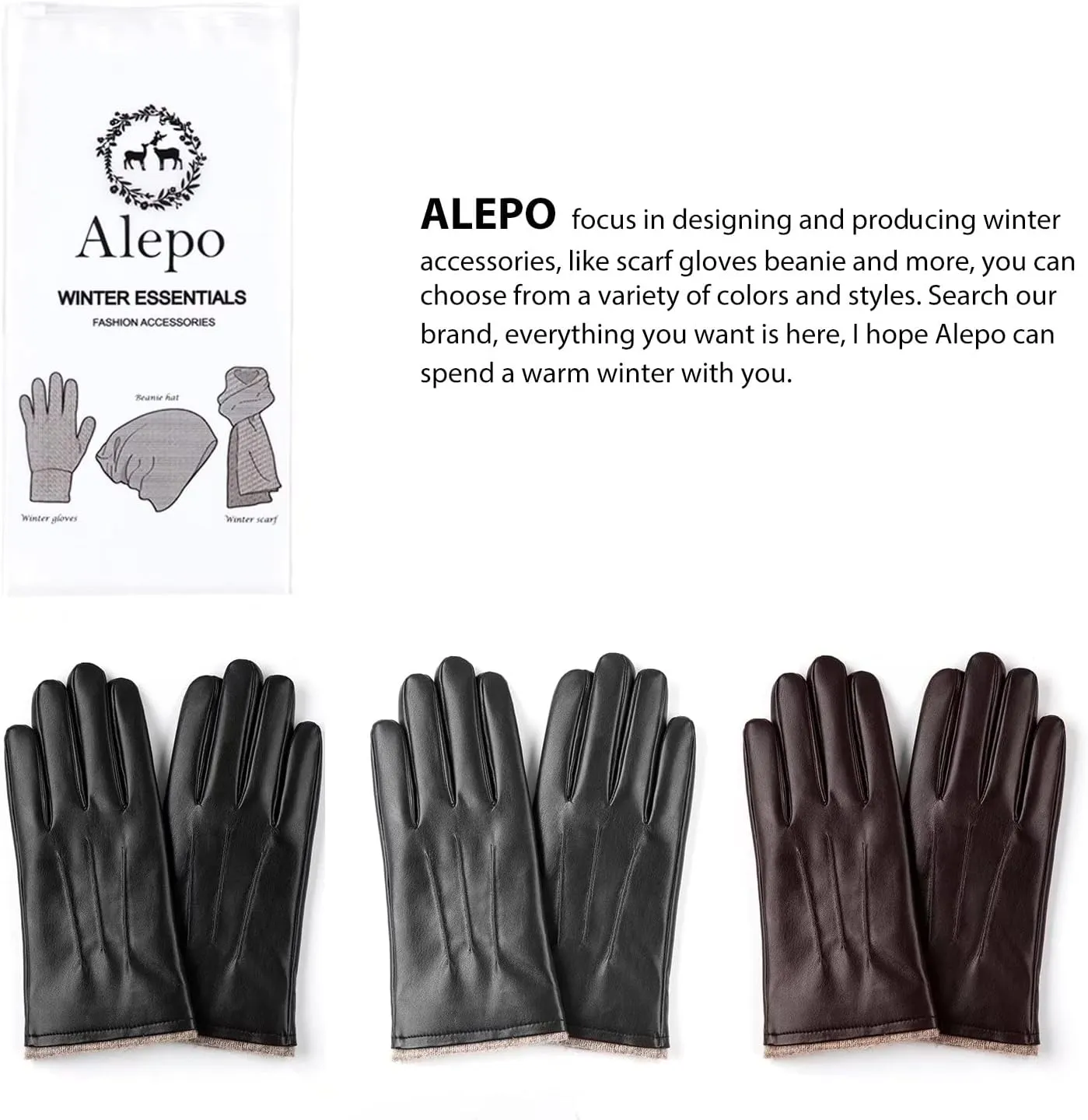 Alepo Winter PU Leather Gloves For Men, Warm Thermal Touchscreen Texting Typing Dress Driving Motorcycle Gloves Wool Lining