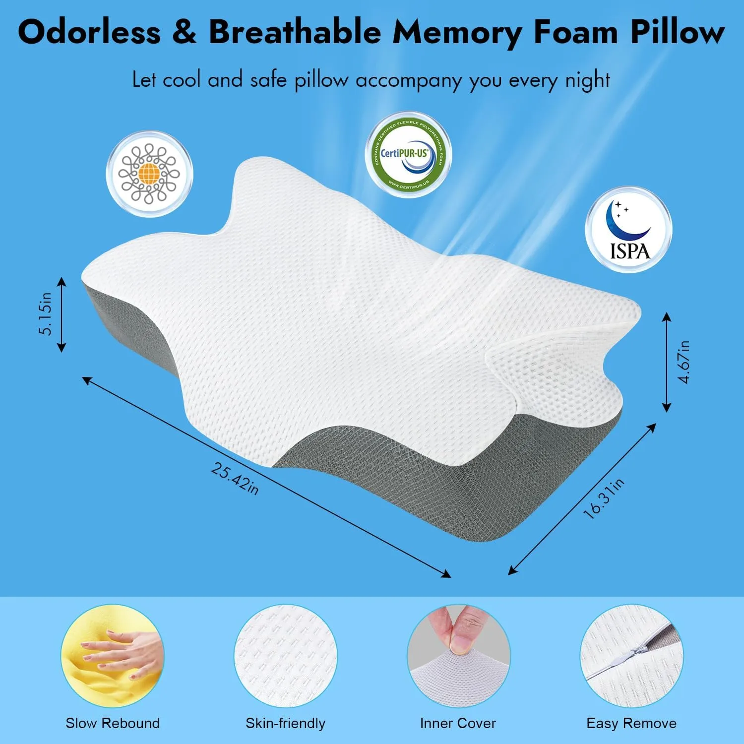 Anvo Cervical Pillow for Neck Pain Relief, Memory Foam Pillows for Neck and Shoulder Pain, Orthopedic Ergonomic Design for Sleeping, Suitable for Side Back and Stomach Sleeper, Cream Firm