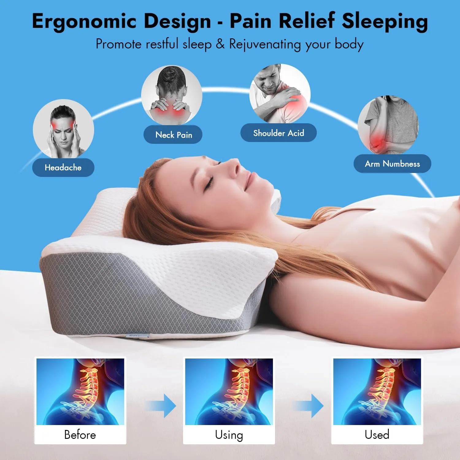 Anvo Cervical Pillow for Neck Pain Relief, Memory Foam Pillows for Neck and Shoulder Pain, Orthopedic Ergonomic Design for Sleeping, Suitable for Side Back and Stomach Sleeper, Cream Firm