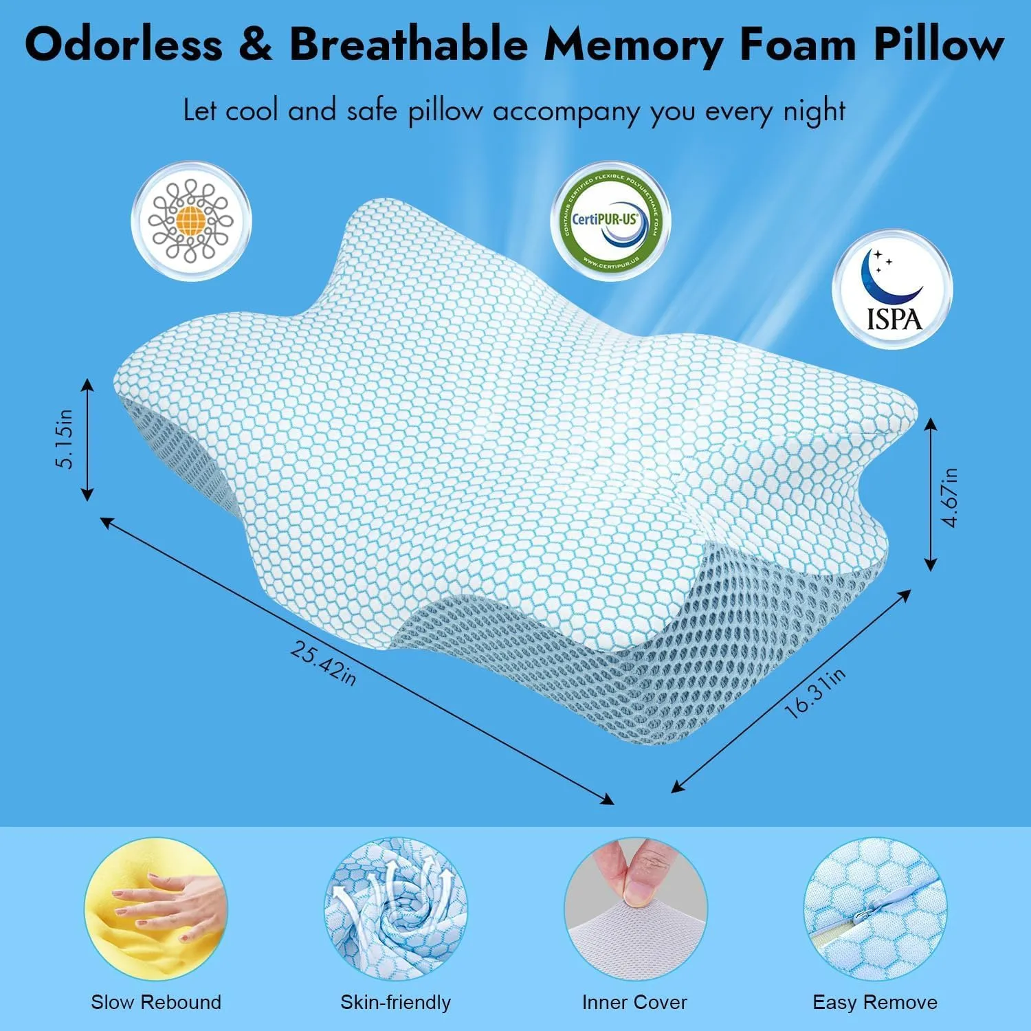 Anvo Cervical Pillow for Neck Pain Relief, Memory Foam Pillows for Neck and Shoulder Pain, Orthopedic Ergonomic Design for Sleeping, Suitable for Side Back and Stomach Sleeper, Cyan Soft
